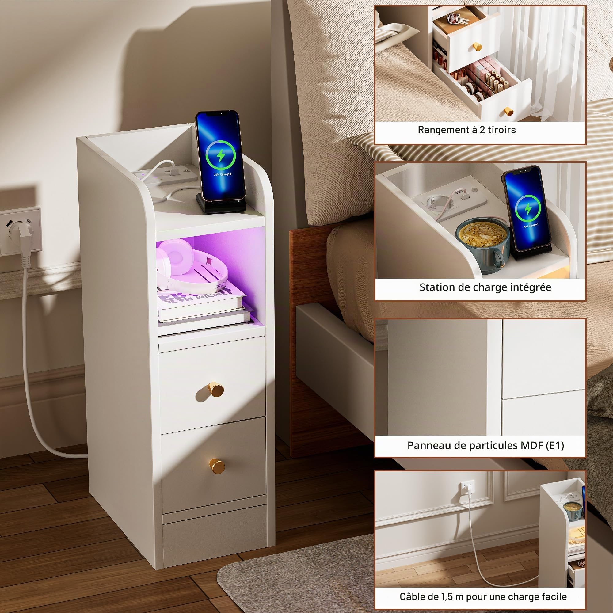 Table de Chevet étroite avec Prise et Barre Lumineuse LED Table d'appoint étroite Table de Nuit avec 2 tiroirs et 2 Compartiments de Rangement pour Chambre à Coucher, Salon Blanc