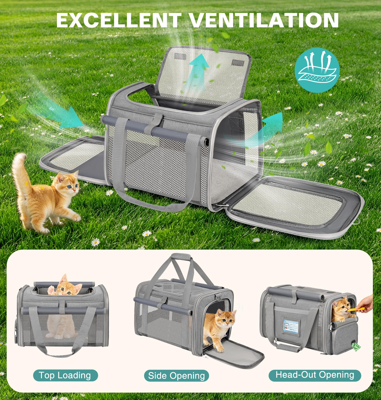 Sac Transport Chat Approuvé Aviation Sac Transport Chien Respirant et Pliable Caisse de Transport Chat avec Bandoulière Réglable Portable Cage Transport Chat avec Tapis Réversible (Gris)