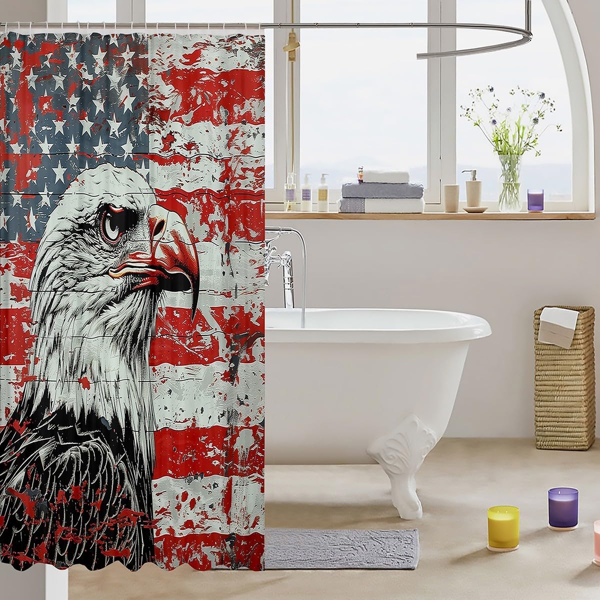 American Flag Waterproof Bathroom Curtain For Kids Boys Western Eagle Shower Curtain 72x78,Wild Animal Wildlife Waterproof Fabric Classic Geometric Stripes Waterproof Cloth Vintage Lodge Bath Curtain