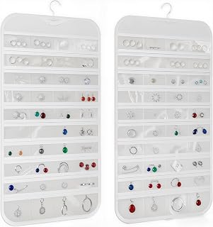 Hanging Jewelry Organizer with Dual Zippered Pockets Canvas Double Sided Rotating Hanger Necklace Hanging Wall Organizer Jewelry Roll for Earrings, Necklaces,Sunglasses,rings (80-Pocket WHITE)