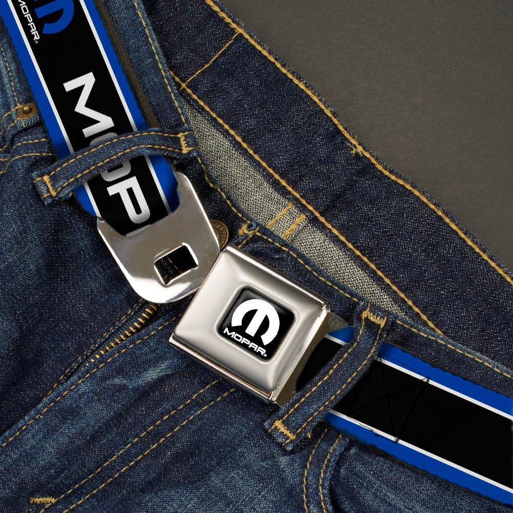 Buckle-Down Seatbelt Belt - MOPAR Text/Logo/Stripe Blue/White/Black - 1.0" Wide - 20-36 Inches in Length