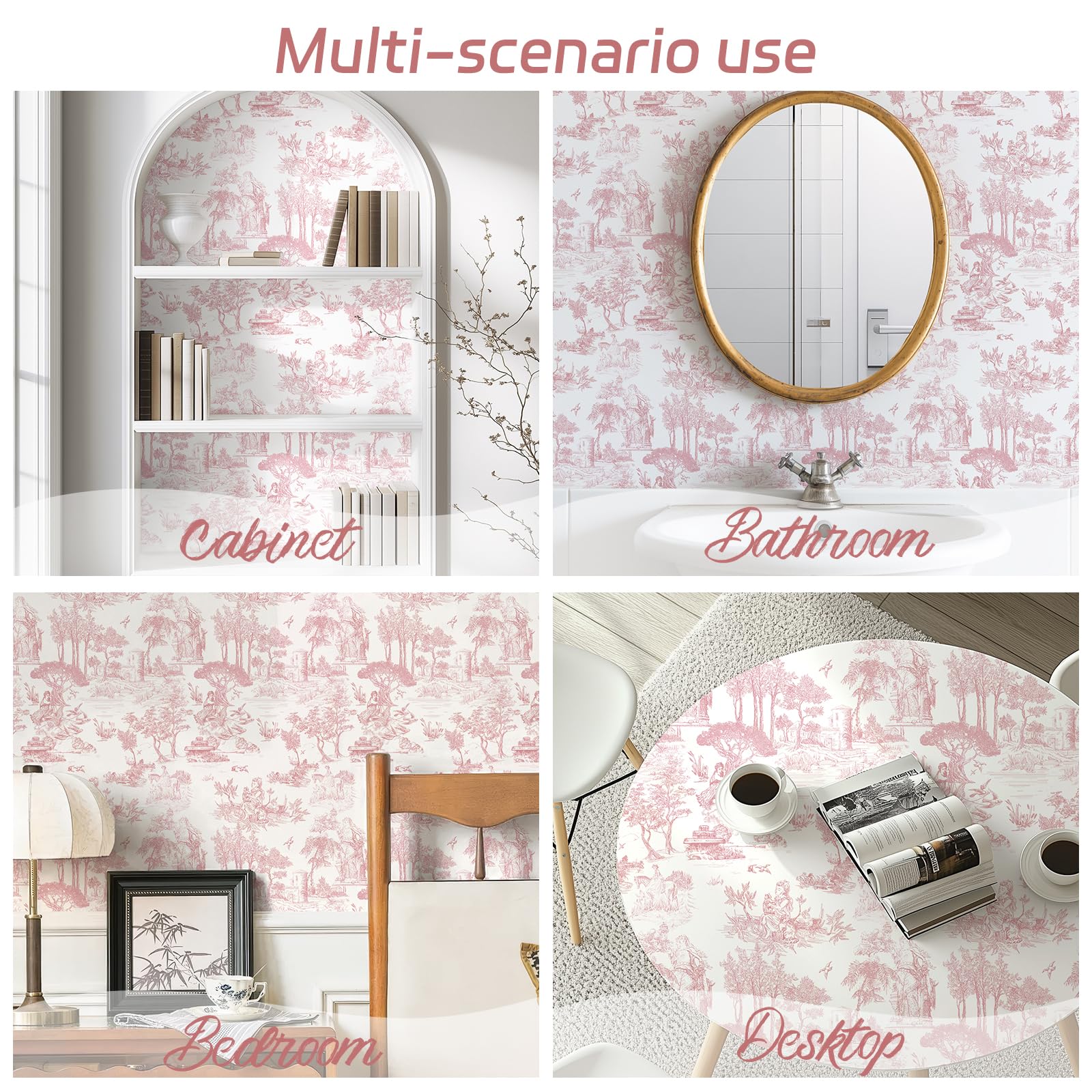 WENMER Toile Wallpaper, 17.7" X 590" Pink and White Peel and Stick Wall Paper, Toile de Jouy Wallpaper, French Vintage Contact Paper for Bedroom, Walls, Backdrop, Cabinet, Home Decor: 17.7" x 118" Pink