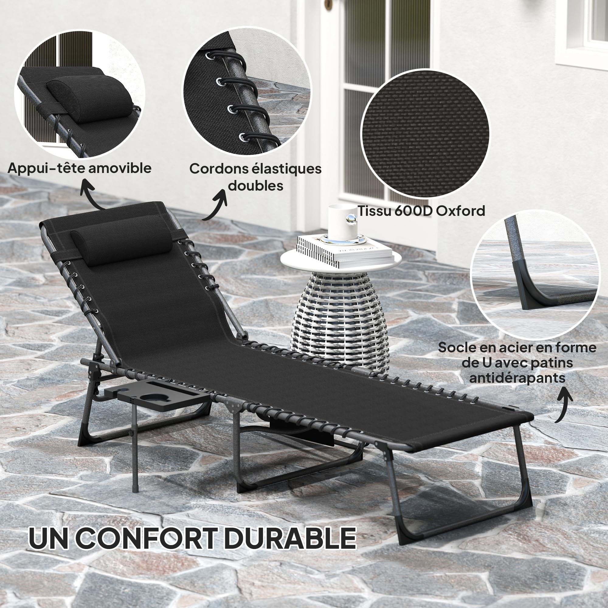 Outsunny Bain de Soleil Chaise Longue Pliante Plateau 60x190x31cm Noir | Appuie-Tête, Poche Latérale, Transat Inclinable, Oxford 600D, Transat Jardin Extérieur, Camping Piscine Terrasse