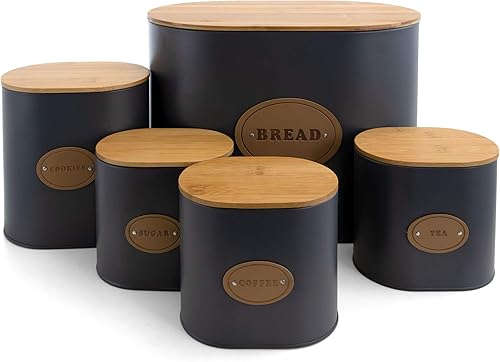 Miniatura 1 de MegaChef Juego de recipientes de 5 piezas para almacenamiento y organización de alimentos de cocina, color gris con tapas de bambú