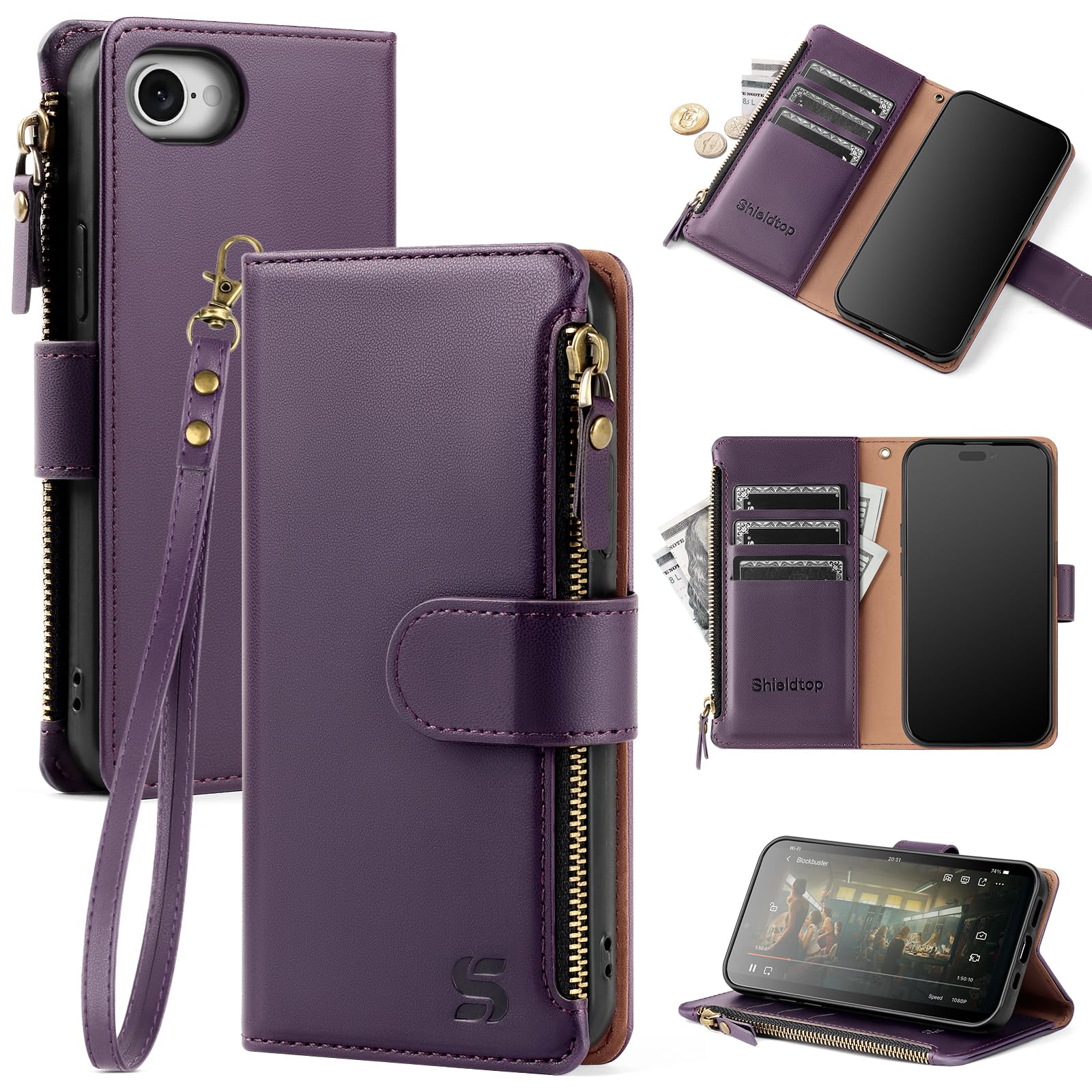 Shieldtop for iPhone 17e / 16e Wallet Case with Card Holder,Dark Purple | RFID Blocking,PU Leather Cover,with Credit Card Holder Slots,Wrist Strap