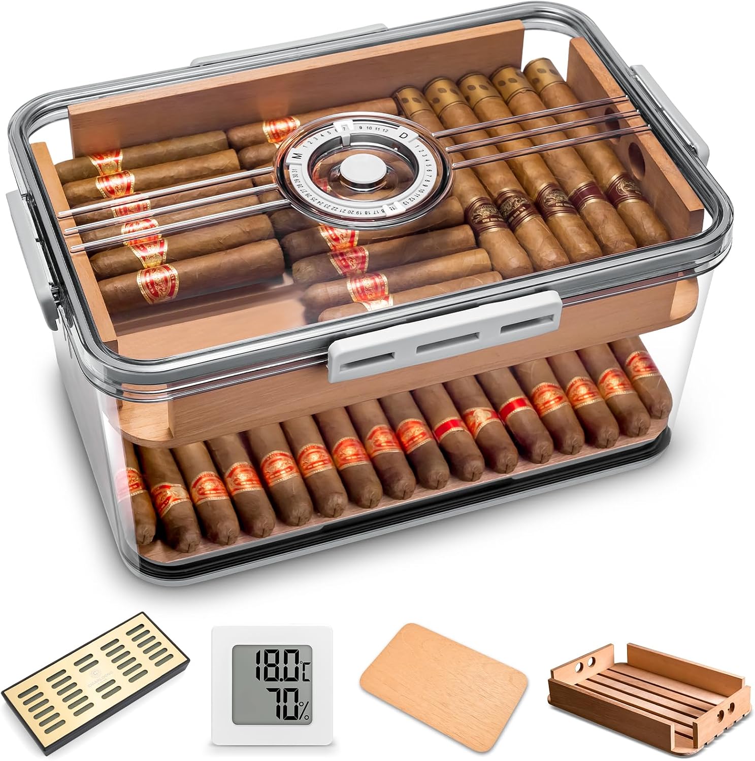 Acrylic Cigar Humidor with Cedar Wood Tray, Humidifier & Hygrometer, Cigar Tupperdor Clear Airtight Cigars Container for 80-100 Cigars Large Capacity