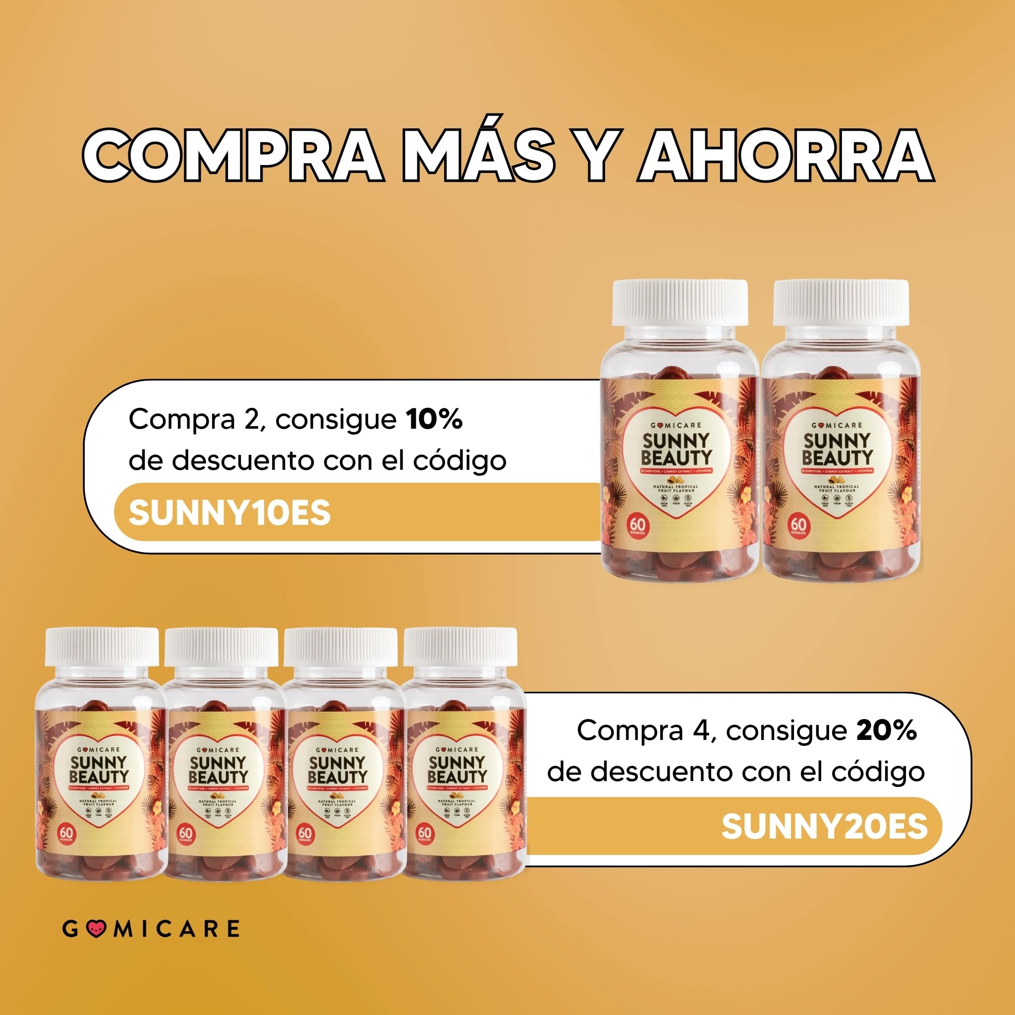 Gominolas bronceadores - Betacaroteno + Astaxantina + Luteina + Licopeno + Cobre - Protege la Piel y Acelera el Bronceado - 60 gominolas - Sin Azúcar - Sin Gluten