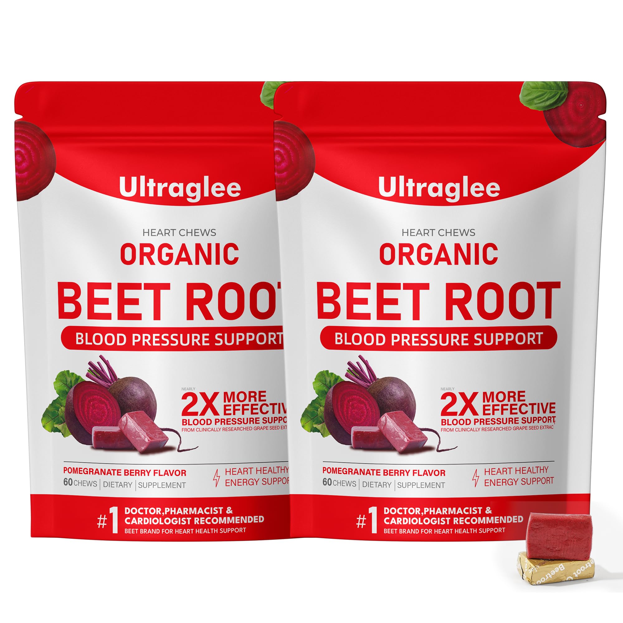 Beet Root Chewable,Beetsroot Heart, Nitric Oxide Support Soft Beets Heart Chews,Grape Seed Extract &Beet Root Powder Energy Supplement,60 (Pomegranate Berry Flavor) (2 Pack)