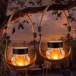 Solar Lantern with Flickering Flame, 2 Pack Solar Halloween Lights | Solar Powered & 2-in-1 Type-C Dual Cable, IP44 Waterproof, Hanging Lantern, Outdoor Indoor Party Yard Halloween Decor