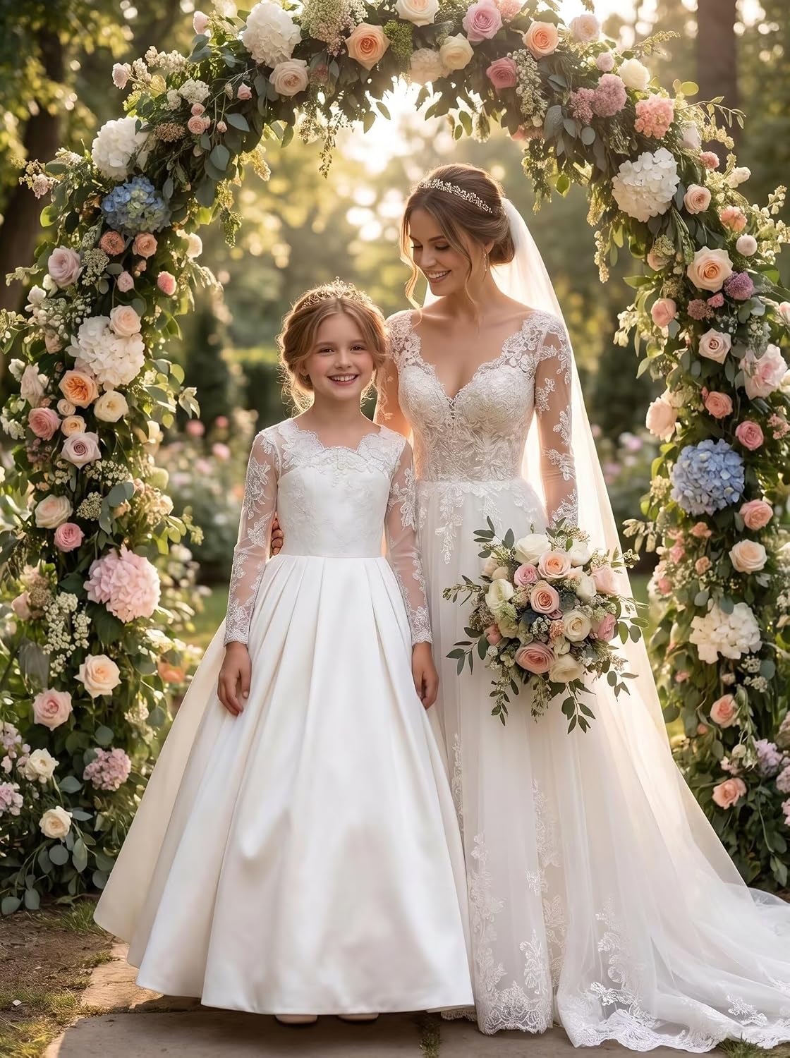 Satin Flower Girl Dresses for Wedding Lace Long Sleeves Pageant Dresses for Girls Formal Dress with Bowknot