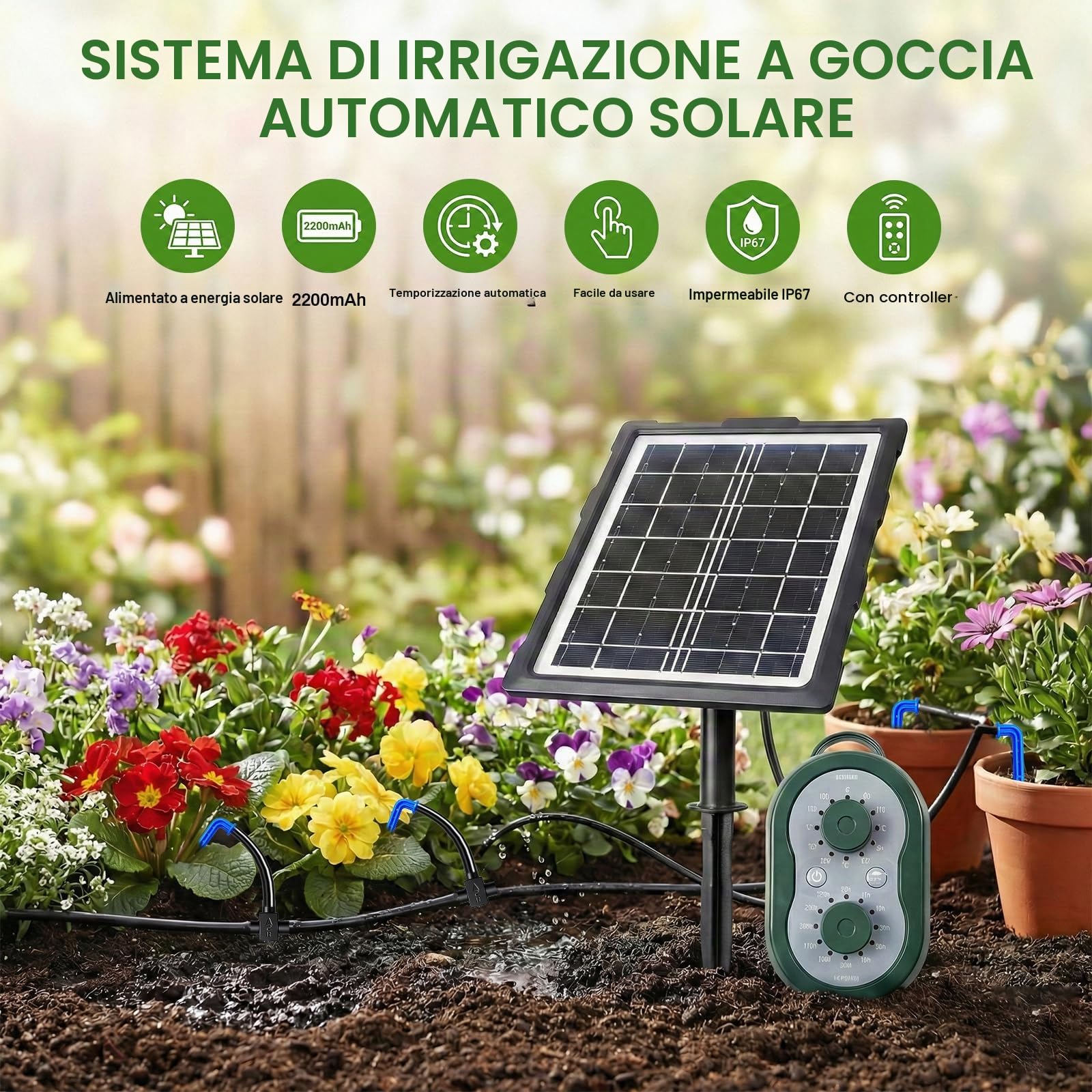 Sistema di irrigazione solare per vasi da fiori, sistema di irrigazione automatico con ricarica USB, dotato di tubo flessibile da 15 m e modalità di irrigazione personalizzate, adatto per giardini