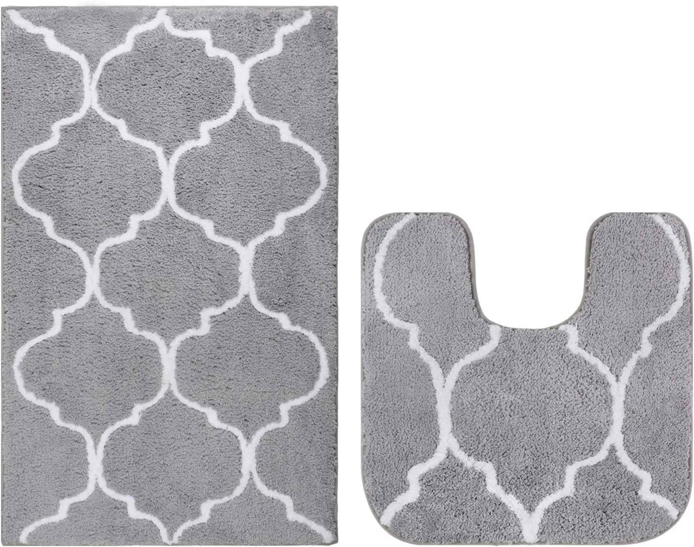 Homcomoda 2 Piece Bath Rugs Set Microfiber Washable Bath Mats with Contour Toilet Rug U-Shaped for Bathroom(Grey)