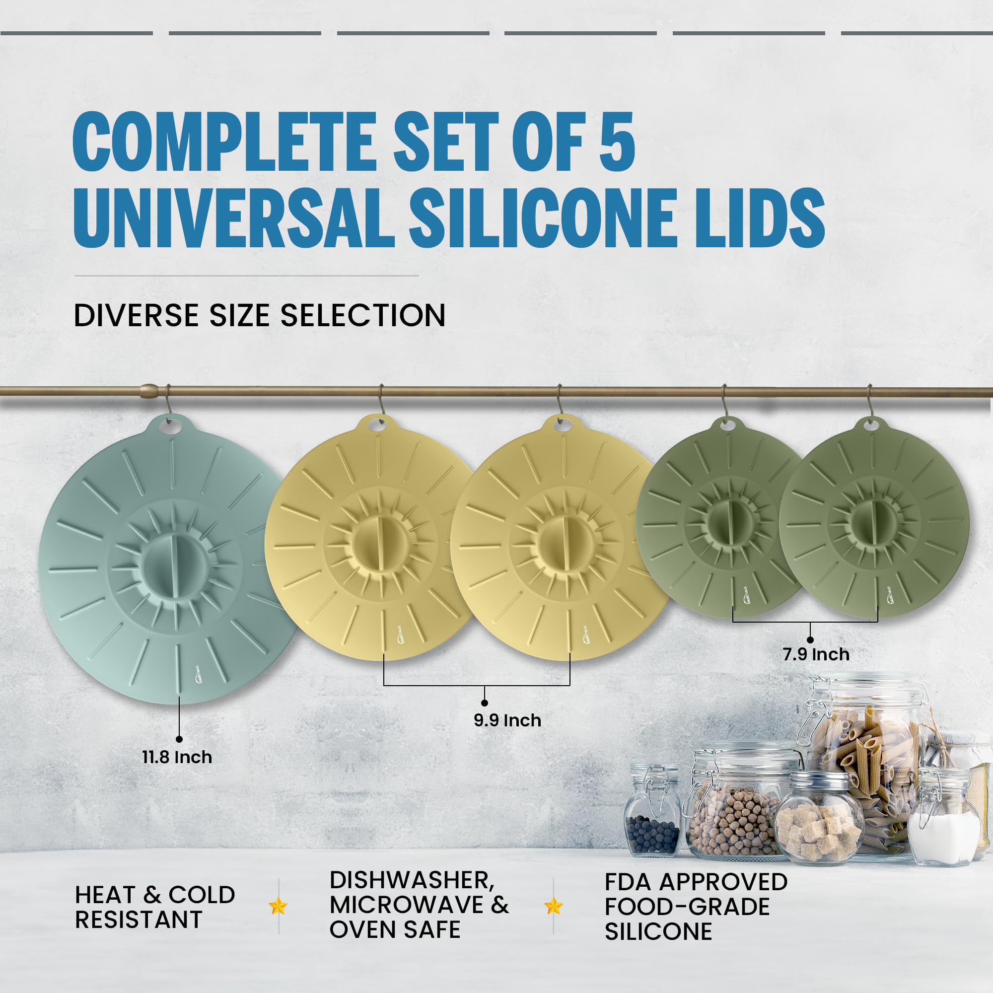 Silicone Lids for Food Storage - 5 Pack - 3 Sizes - Food Grade - Reusable Silicone Bowl Covers for Pots and Pans - Microwave Splatter Cover - Fits Cups, Plates, Stove, Oven, Fridge, Dishwasher Safe