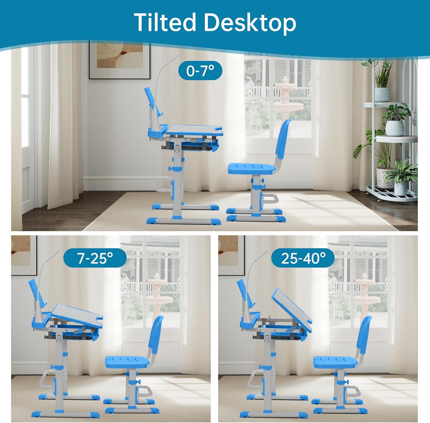 Kids Desk and Chair Set, Height Adjustable Child's School Study Writing Tables with Tilt Desktop, LED Light, Storage Drawer, Book Stand (Blue)