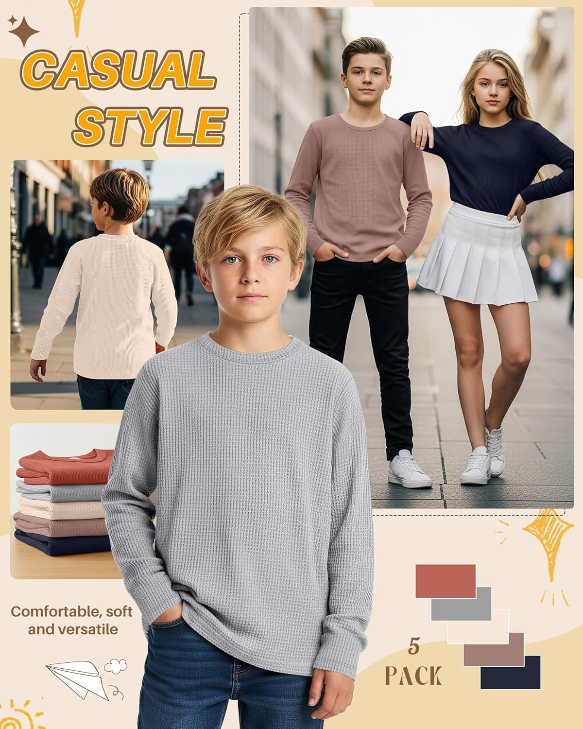 5 Pack Boy's Long Sleeve Shirts, Waffle Knit Crew Neck Tops T-Shirts Basic Layer Undershirts 5-14 Years Kids - Image 2
