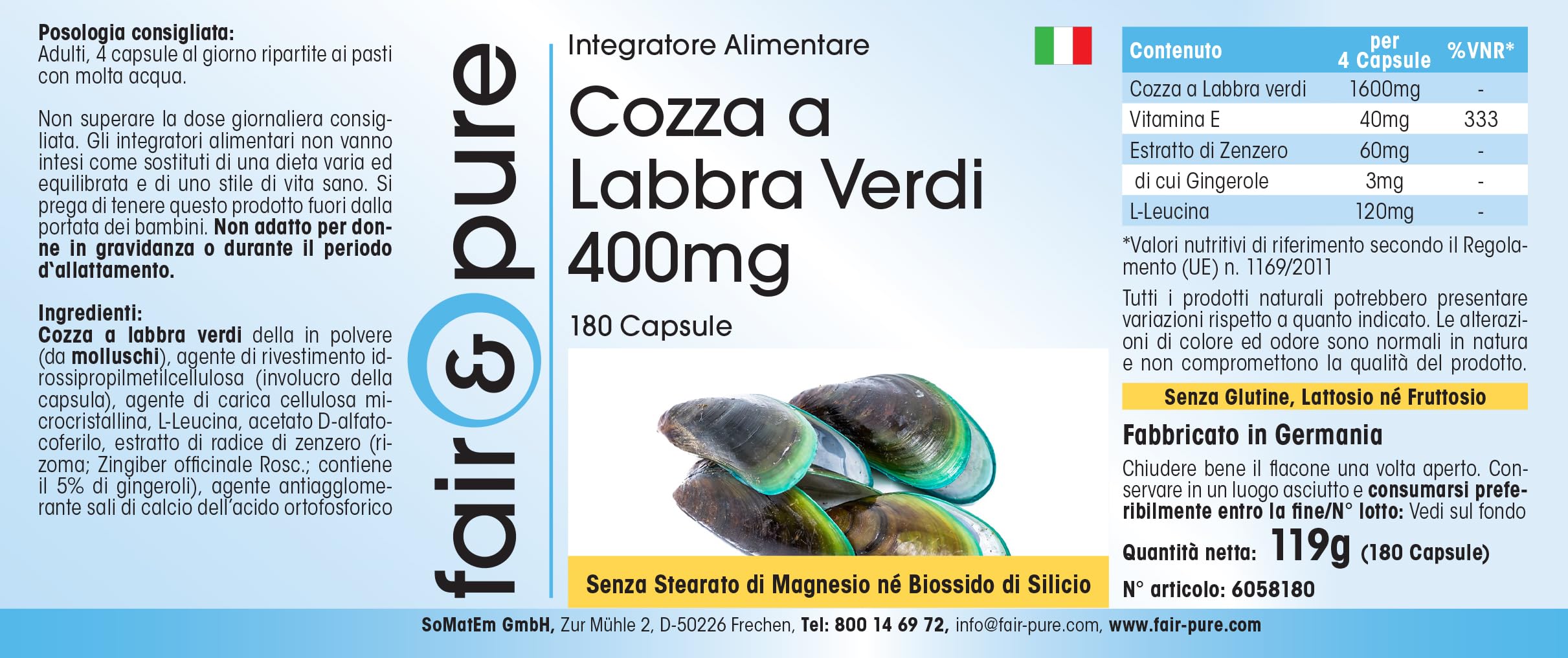 Fair & Pure® - Moule verte 400mg - poudre de moule verte de Nouvelle Zélande - 180 gélules de moule verte