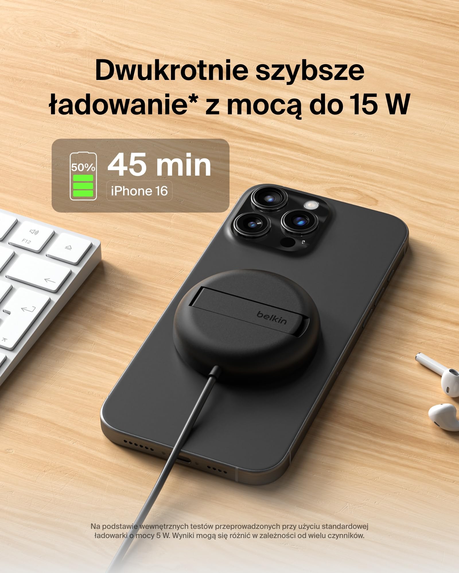 Belkin magnetyczna bezprzewodowa podkładka ładująca 15 W z podstawką – zgodna z MagSafe ładowarka Qi2 do urządzeń iPhone serii 16, Samsung Galaxy serii S25, AirPods zasilacz w zestawie – czarna