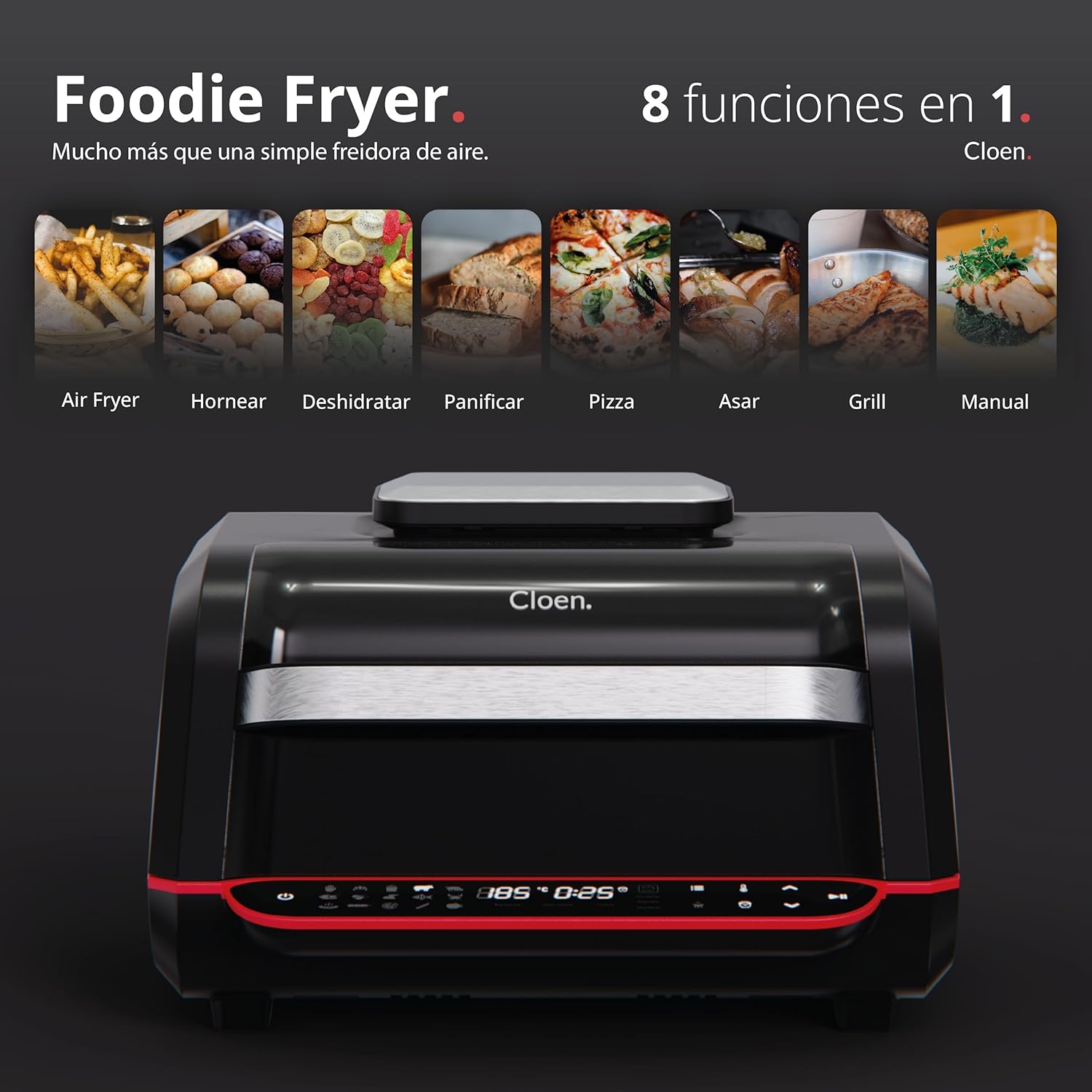 Foodie Fryer Cloen Friggitrice aria calda con il 97% in meno di olio 7L, 1700 W | Più di una friggitrice senza olio con 18 programmi, 8 dispositivi in 1, schermo LED touch, Foodie Fryer 8 in 1 Foodie Fryer Cloen Friggitrice aria calda con il 97% in meno di olio 7L, 1700 W | Più di una friggitrice senza olio con 18 programmi, 8 dispositivi in 1, schermo LED touch, Foodie Fryer 8 in 1