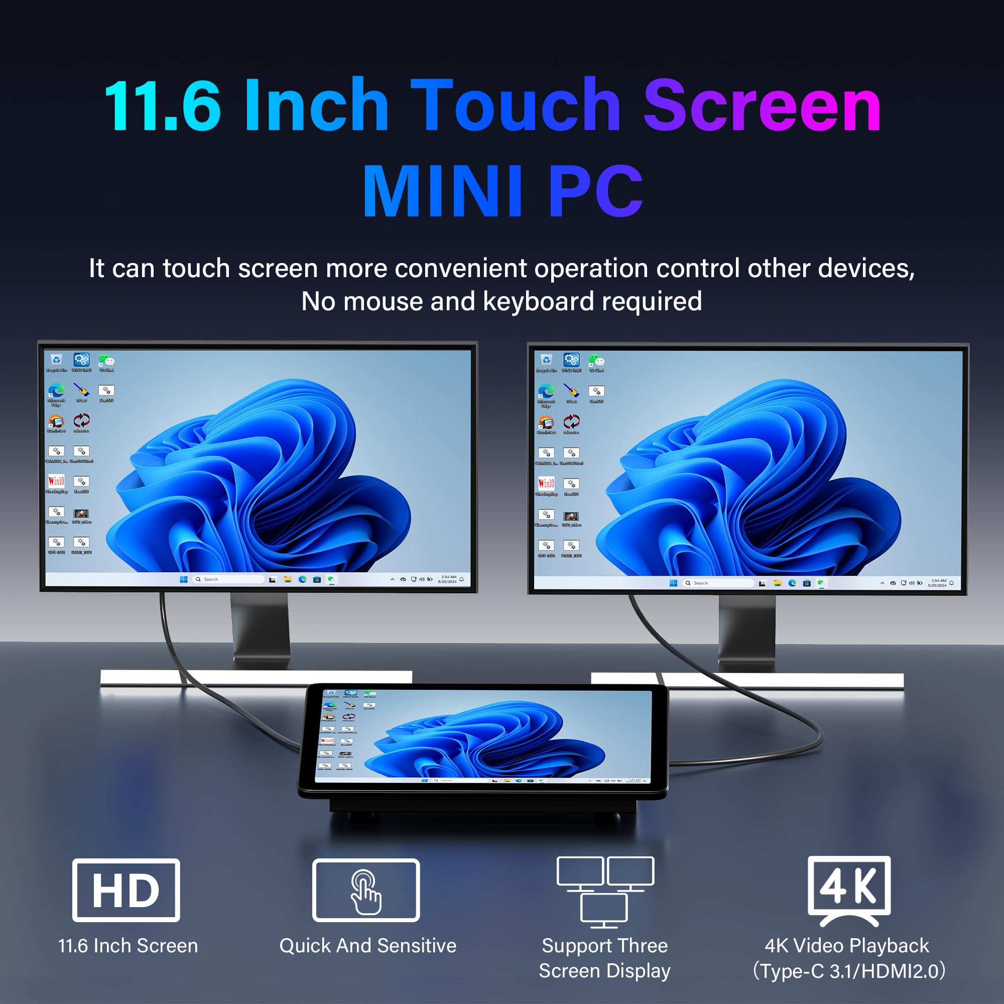 Mini Computer PC Mini Deko PC Win11 Pro Intel N5095, 8GB RAM, 128GB eMMC, Mini-pc mit Touchscreen 11.6", Unterstützt 2 Monitore 4K via HDMI2,0 & Type-C3,1, Dual-Band WiFi, Bluetooth 5.0