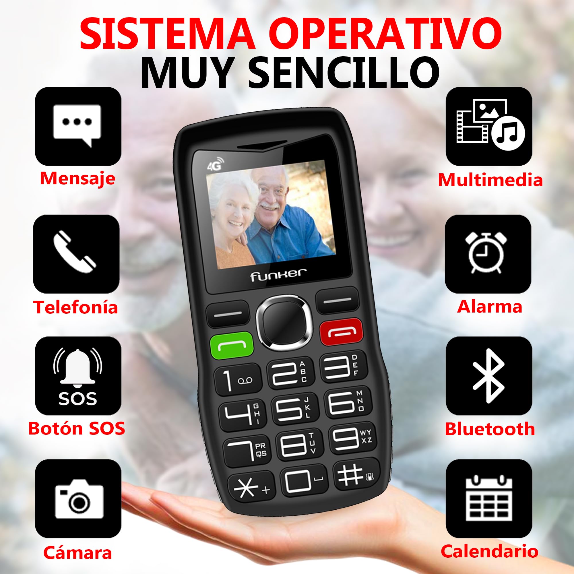 Funker C140 Classic 4G - Teléfono Móvil para Personas Mayores con Botón SOS - Teclas Grandes y Volumen Alto -USB-C - Bateria 1000mAh - Pantalla Grande de 1,8 Pulgadas - Fácil de Usar