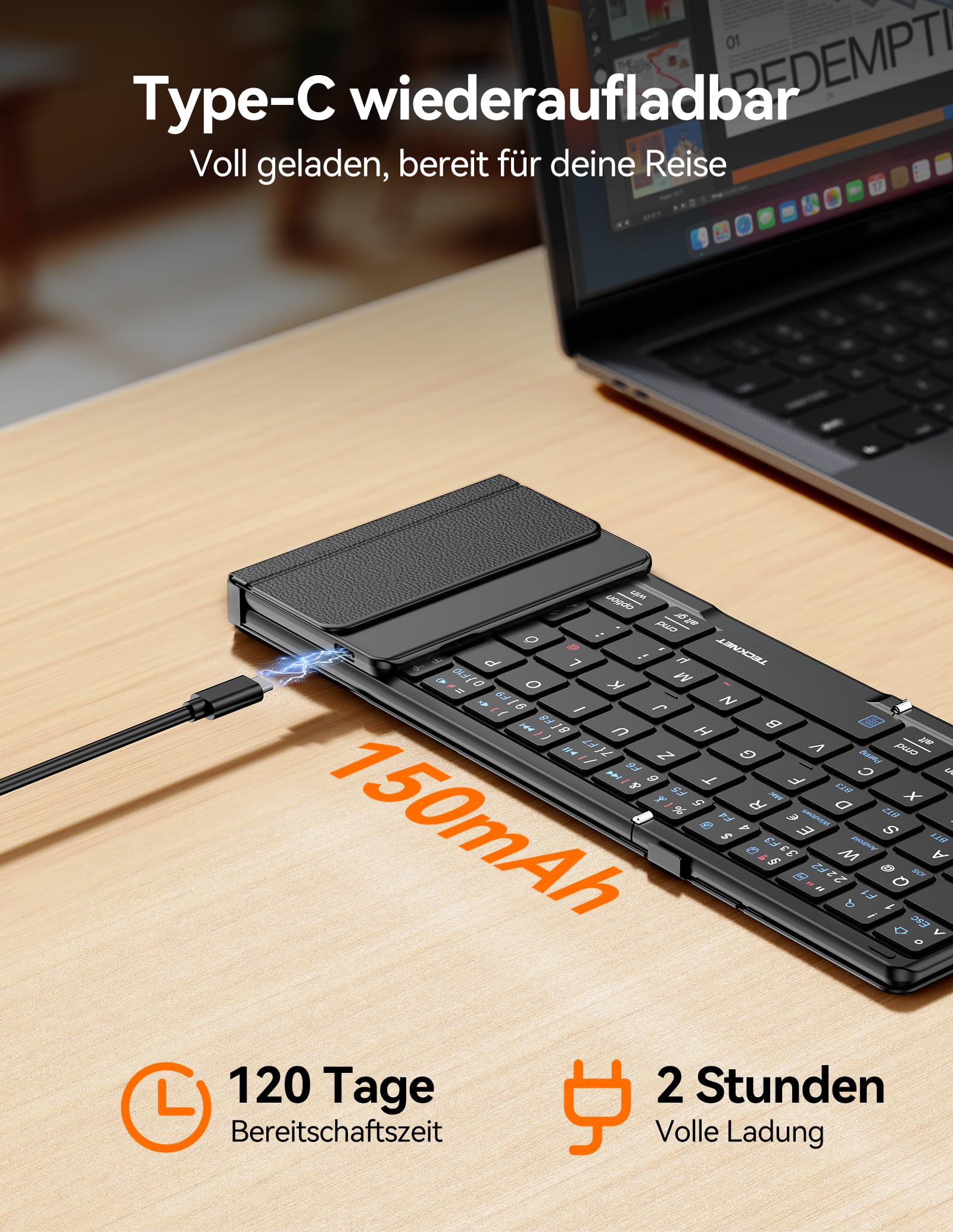 TECKNET Bluetooth Tastatur Faltbare mit Touchpad, QWERTZ Deutsch, Schwarz