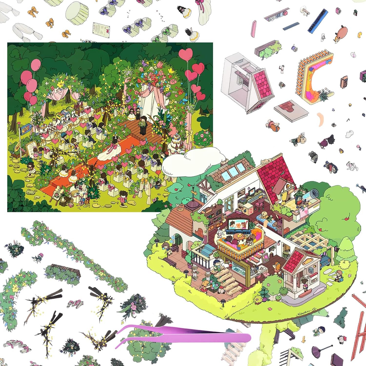 4 Sets Animals Vintage 3D Sticker Scene 3D Miniature Scene with Tweezers Make Your Own House Capybara Stickers