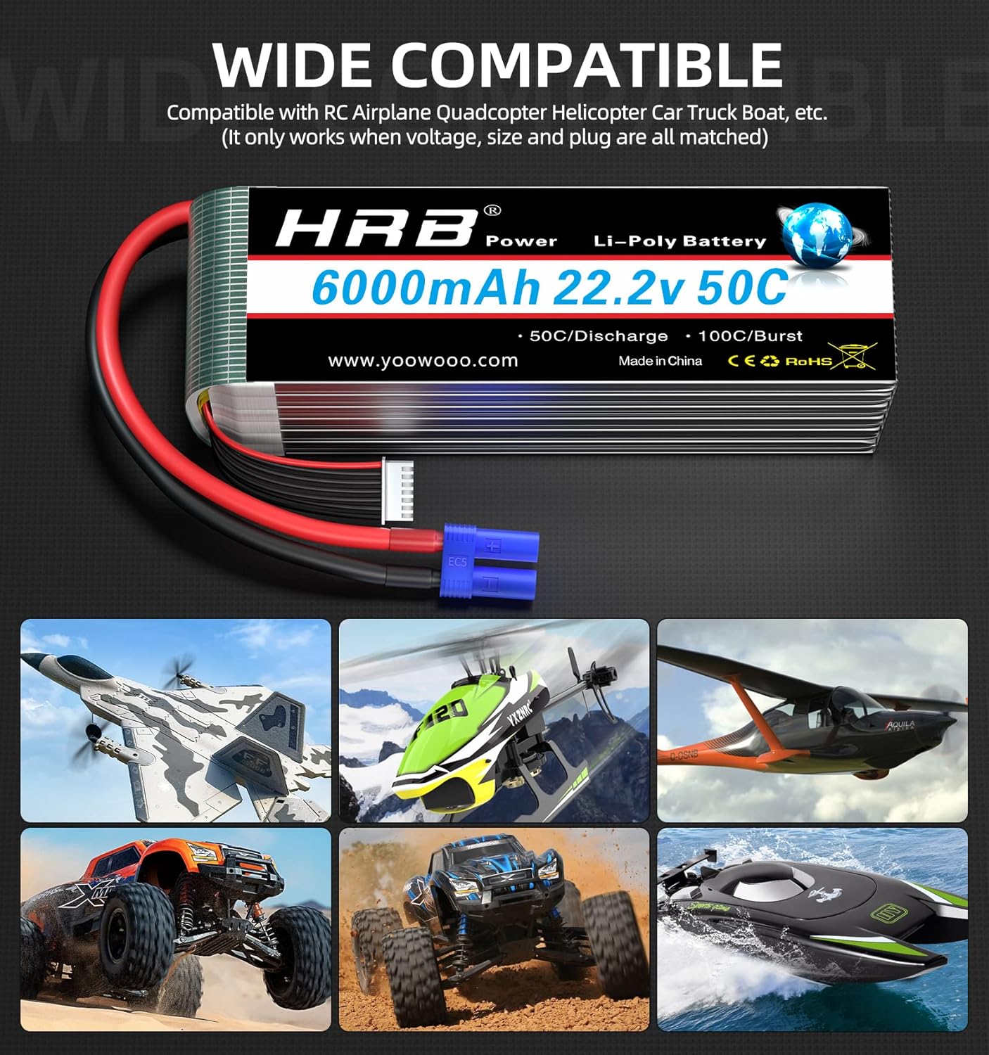 HRB 2pcs 6S 6000mAh Lipo Battery EC5 50C 22.2V RC Lipo Battery Compatible with RC Helicopter Airplane Car Boat Truck