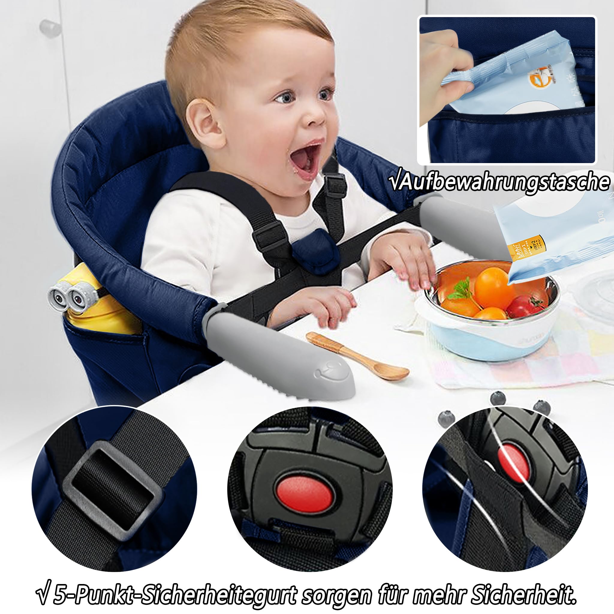 LZQ Seggiolino da tavolo per bambini da 6 a 36 mesi, pieghevole, per tavoli da 2 a 8 cm di spessore (blu)