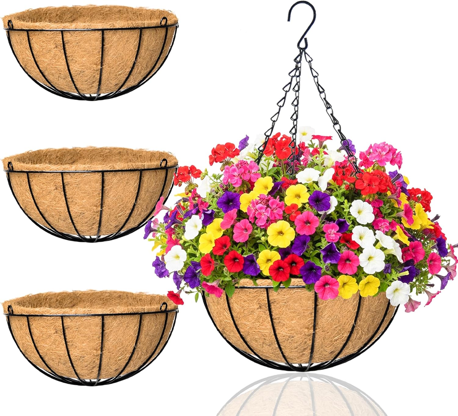 Hanging Planters for Outdoor Plants 4 Pack 12 inch Metal Hanging Flower Basket with Coco Coir Liner Wire Plant Holder Watering Flower Baskets Pot Hanger Garden Decoration for Indoor Outdoor(HBL)
