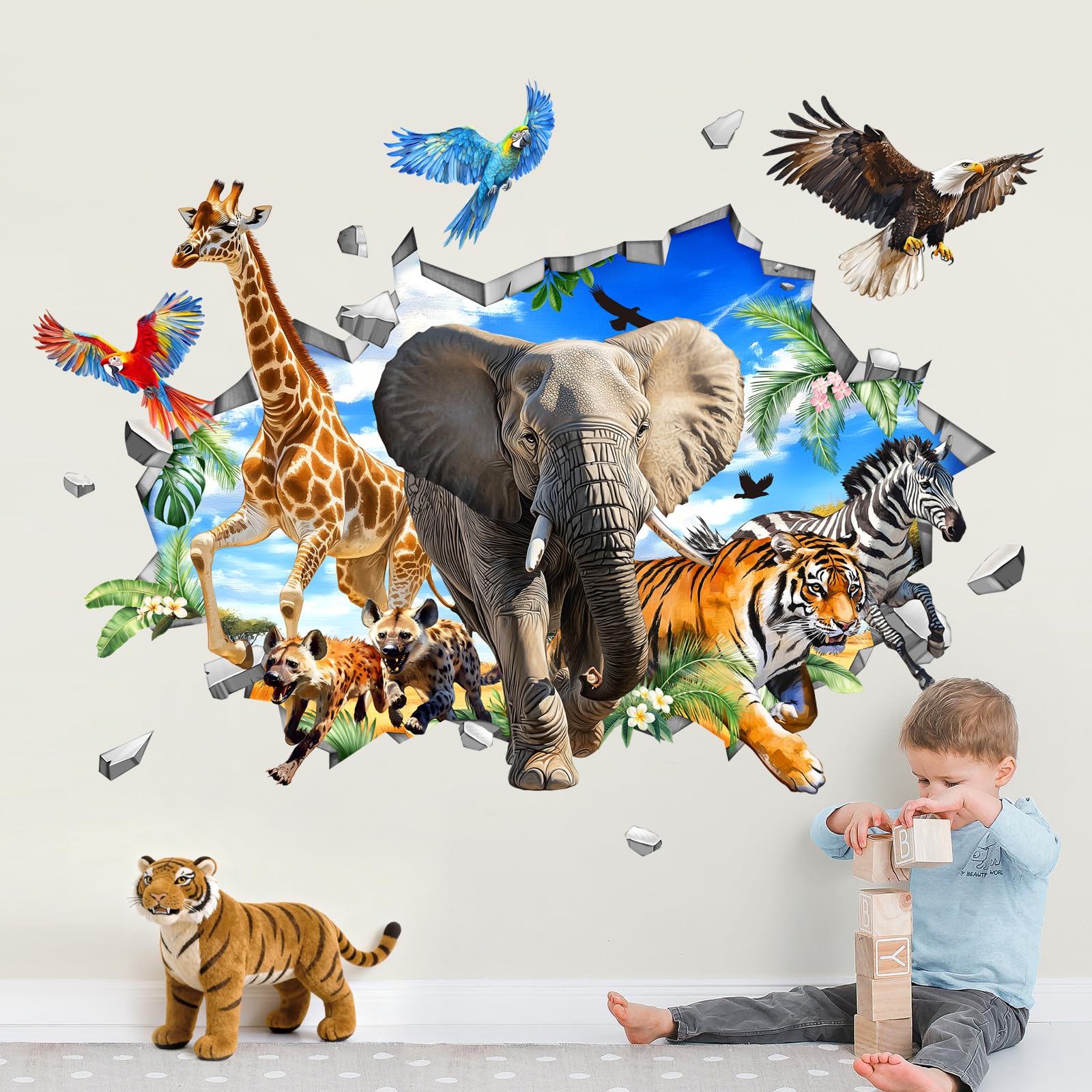 Supzone 3D Wandtattoo Safari Tiere Wandsticker Dschungel Elefant Giraffe Tiger Leopard Zebra Groß Wandaufkleber Kinderzimmer Babyzimmer Schlafzimmer Jungen Wanddeko