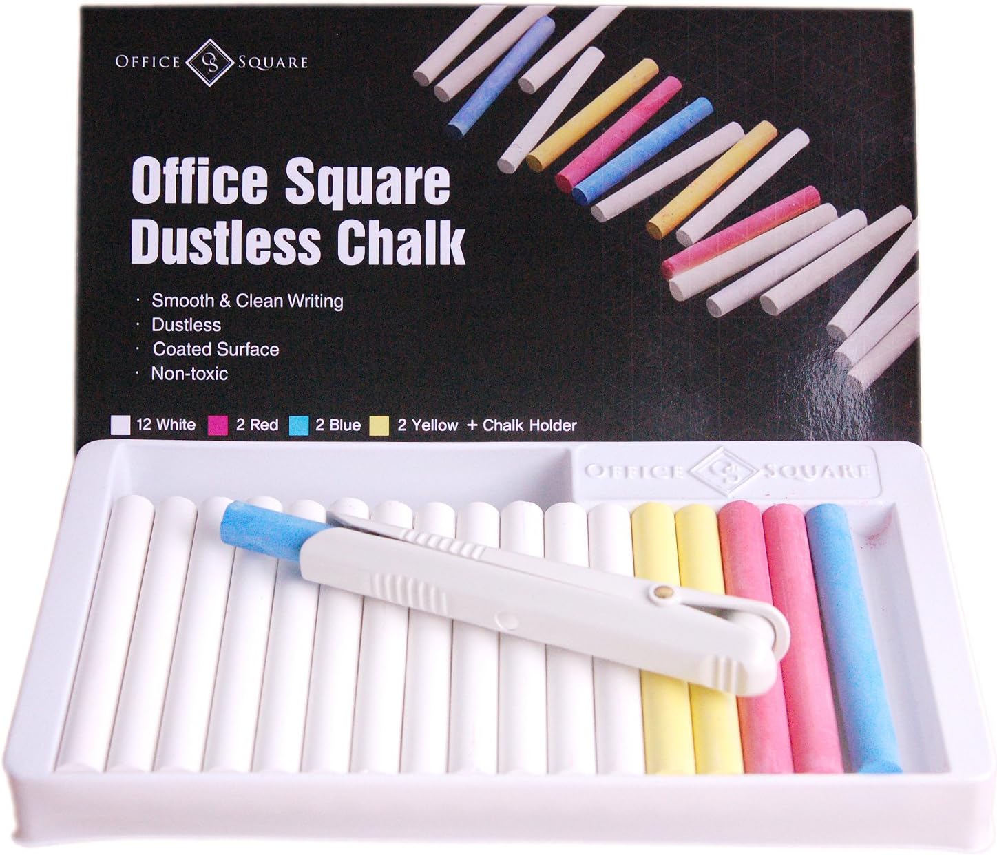 Non-Toxic Dustless Chalk: White (12 Ct) & Red, Blue, Yellow (2 Each) Chalk Holder