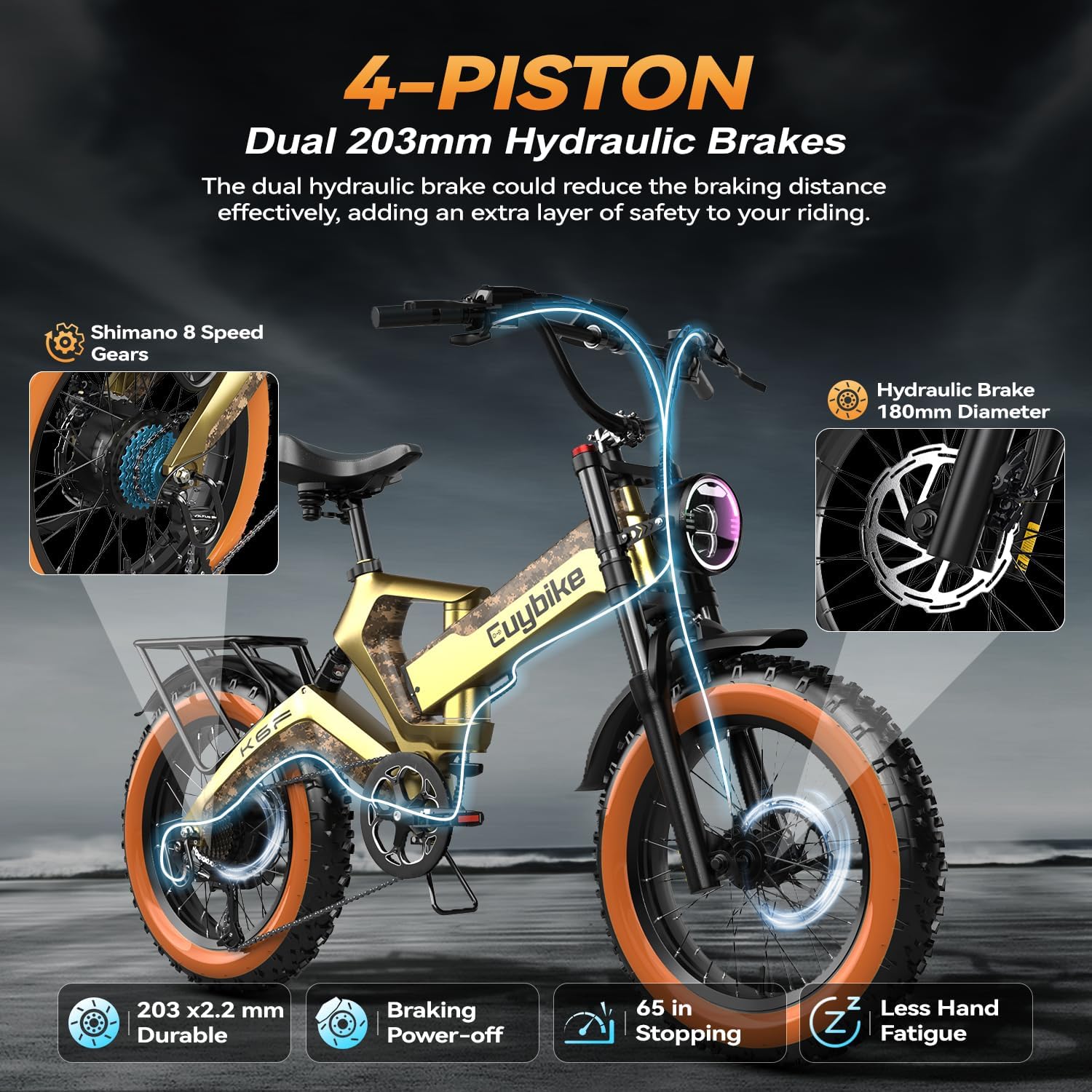 Foldable Electric Bike for Adults, 2000W Peak Motor Ebike, 48V 35AH Removable Battery, 20"x4.0" Fat Tire 40+MPH Dirt Bike, 130 Miles Hydraulic Disc Magnesium alloy Frame Mountain Bicycle Golden