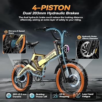 EUYBIKE Foldable Electric Bike for Adults, 2000W Peak Motor Ebike, 48V 35AH Removable Battery, 20x4.0 Fat Tire Dirt Bike, 130 Miles Hydraulic Disc Magnesium Alloy Frame Mountain Bicycle Golden