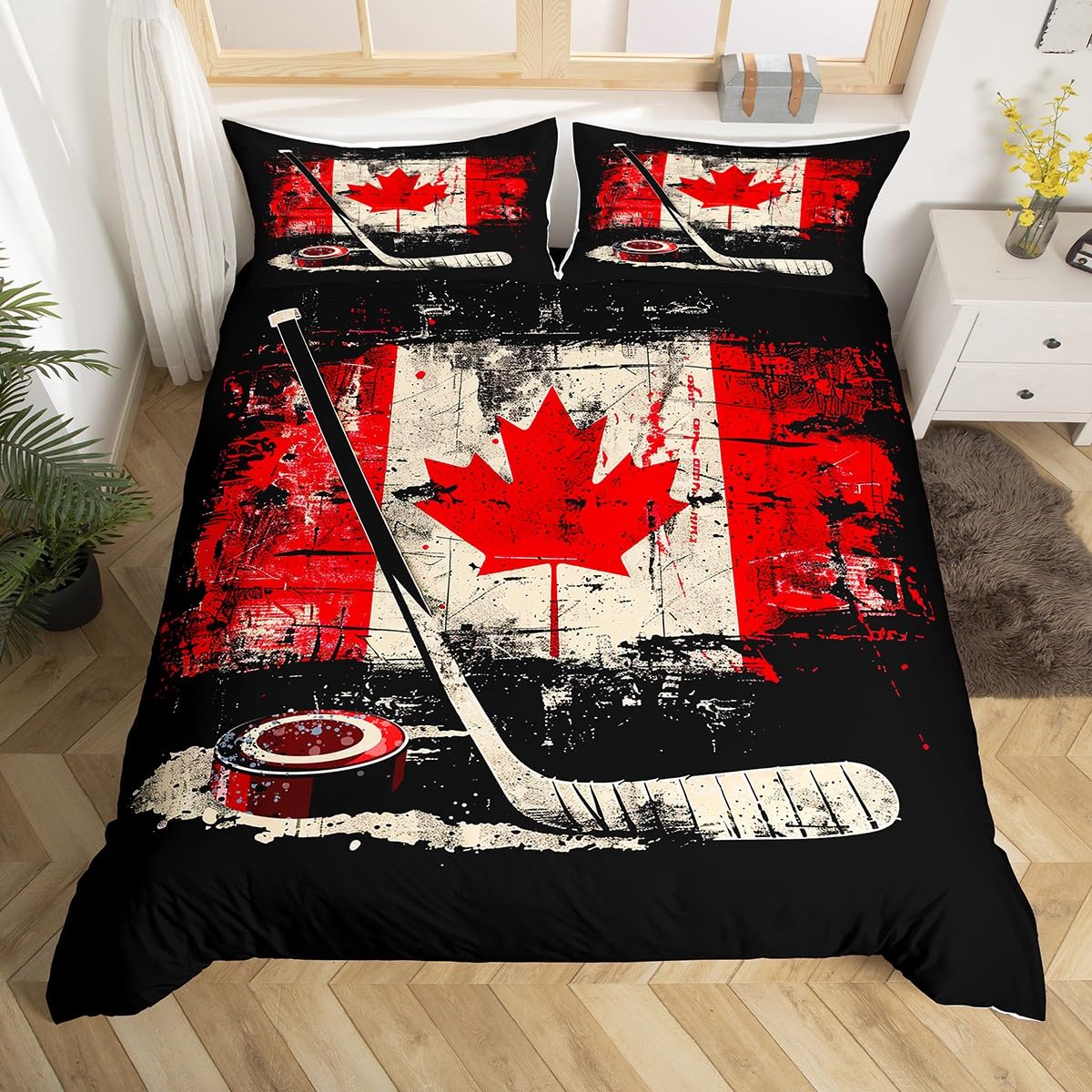 Homemissing Kids Ice Hockey Bedding Set Double Size Canada Flag Duvet Cover for Boys Girls Winter Sports Comforter Cover Set Bedspread Cover Room Decor,1xDuvet Cover+ 2xPillow Shams - Image 2