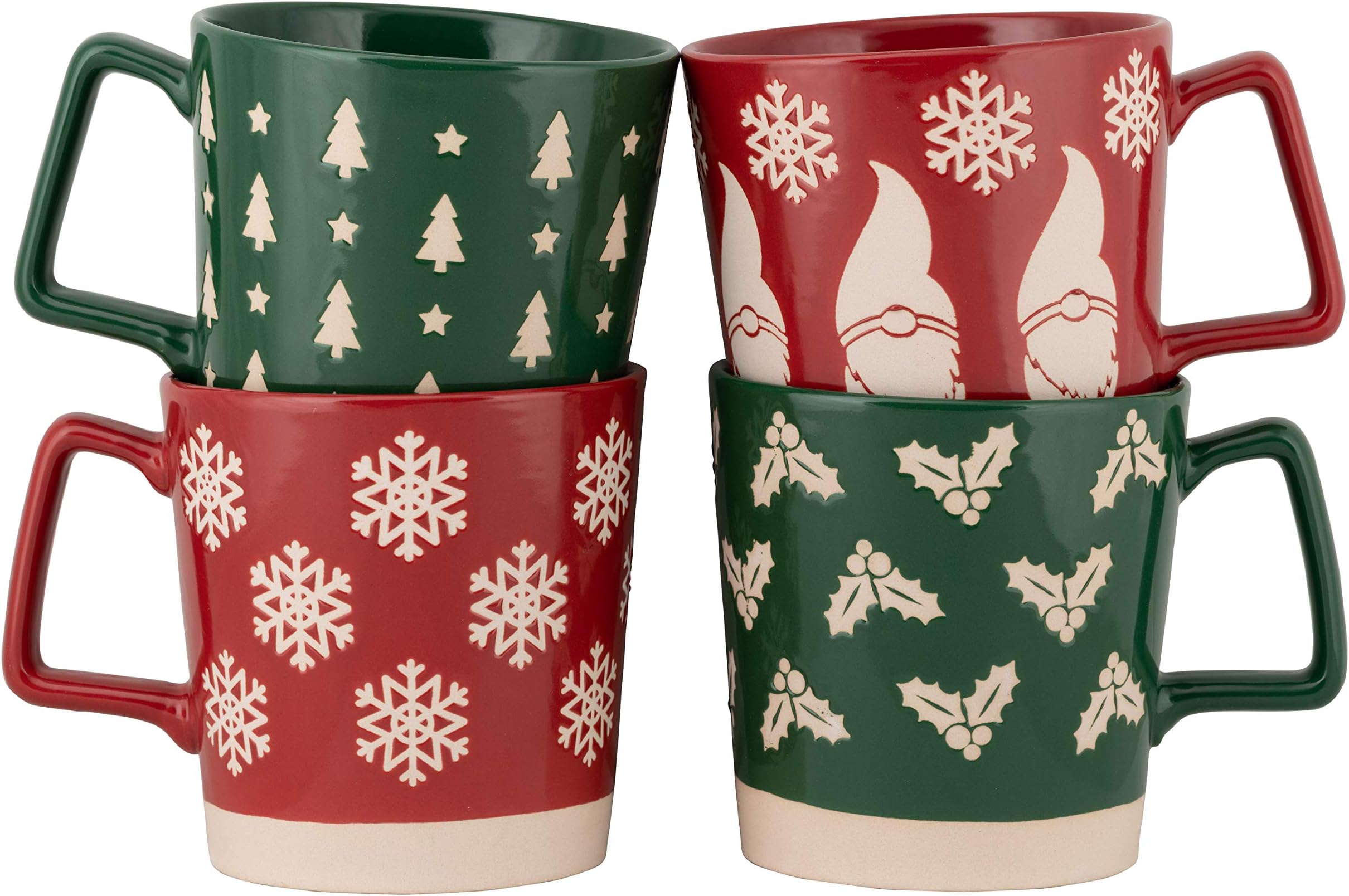 10 Strawberry Street Ceramic Assorted Holiday Set of 4 Mugs, Red/Green