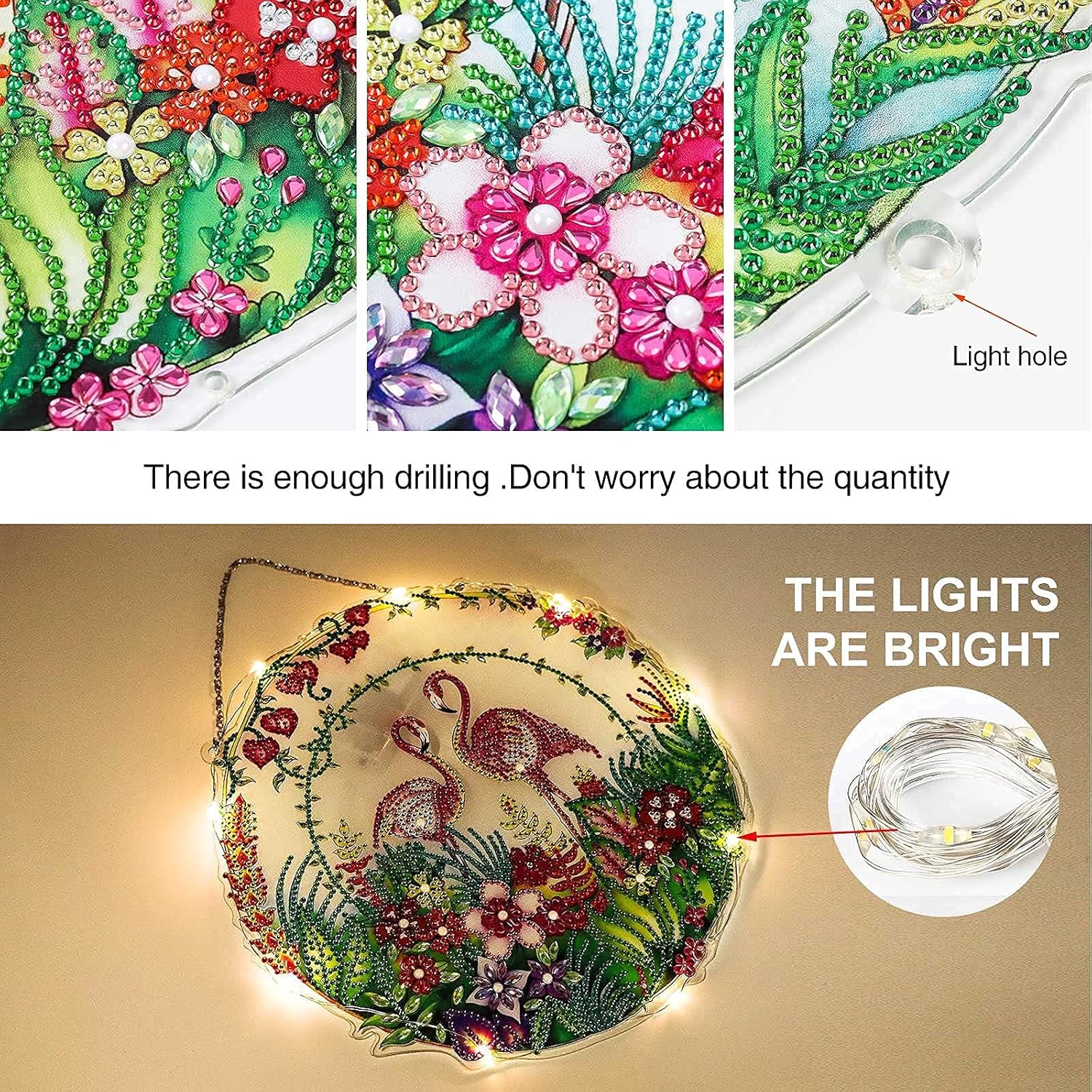 5D DIY Flamingo Flowers Diamond Painting Wreath Kits with LED Light Special Shaped Crystal Rhinestone Wreath Mosaic Kits for Home Wall Decor (11 Inches Garland)