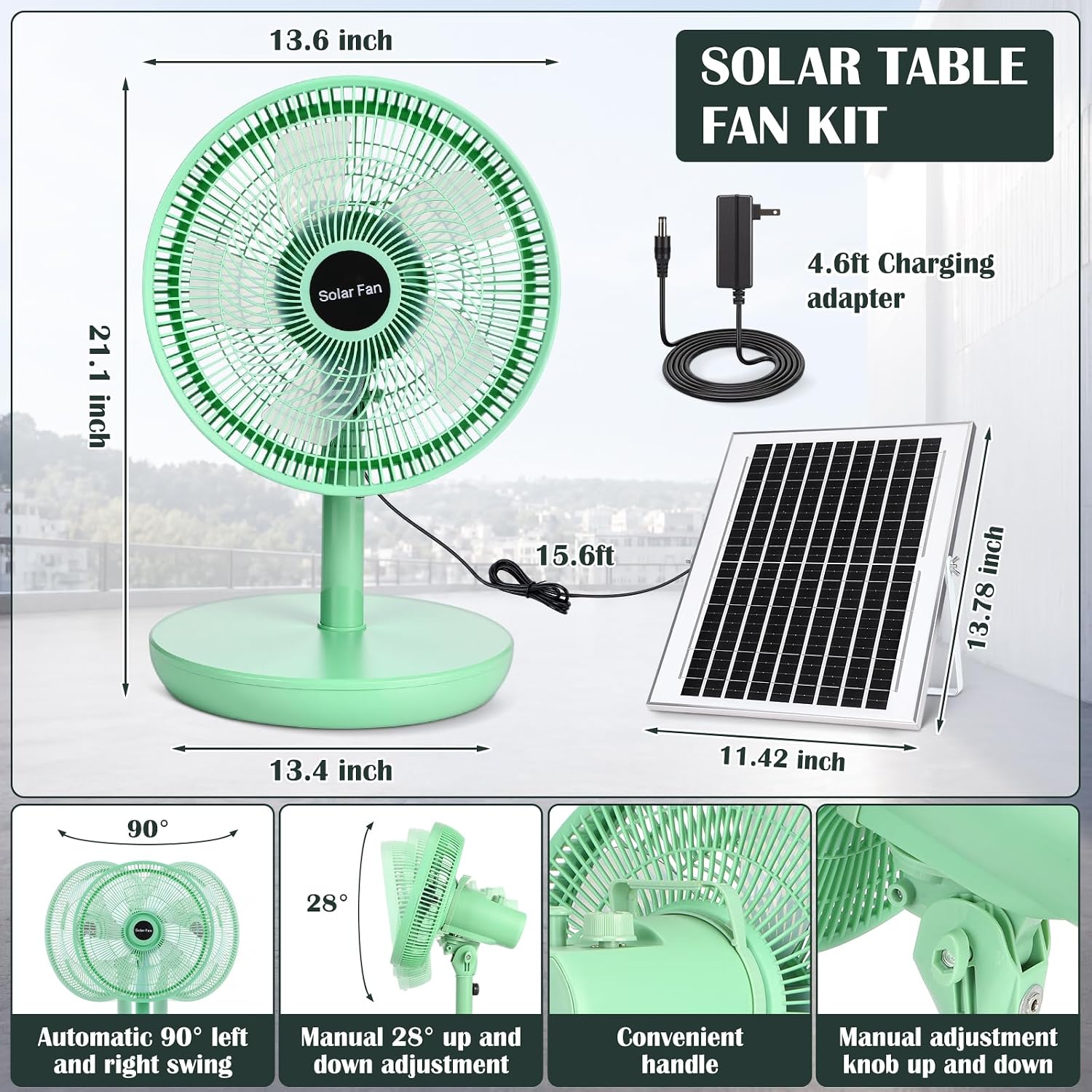12 Inch Solar Powered Table Fan with Solar Panel, Rechargeable 8800 Mah Battery Operated Oscillating Standing Fan, 3 Speeds, Portable for Camping, Patio, Home Office(Mint Green)