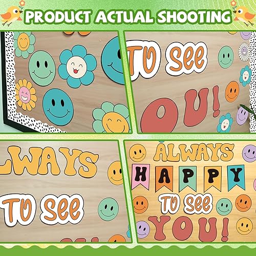 Miniatura 5 de Juego de 63 piezas de decoración de tablón de anuncios, estilo retro, cara sonriente, decoración de aula con bordes de puntos negros para decoración