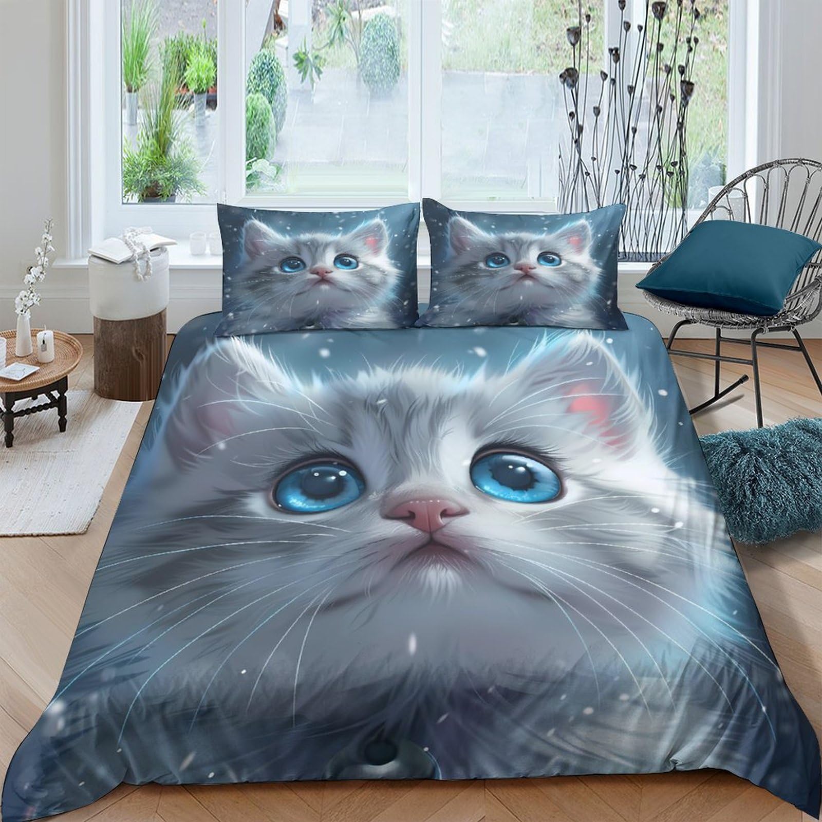Ctjqhvkz Style-8 3D Printed Blue Eyes Cat Fitted Sheet Microfiber Soft Anti-Slip Mattress Cover For Bedroom Guest Room Decor Single（135X200cm）