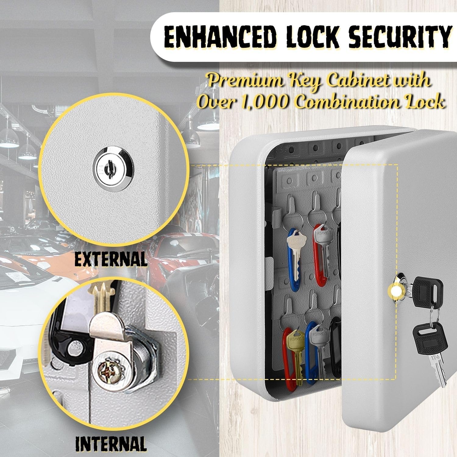 Flexzion Key Box Wall Mount With Code - 40 Capacity Key Box Organizer, Lock Box Key Holder, Secure & Durable Key Storage Box Cabinet with Colored Tags & Hooks for Homes & Business, Gray