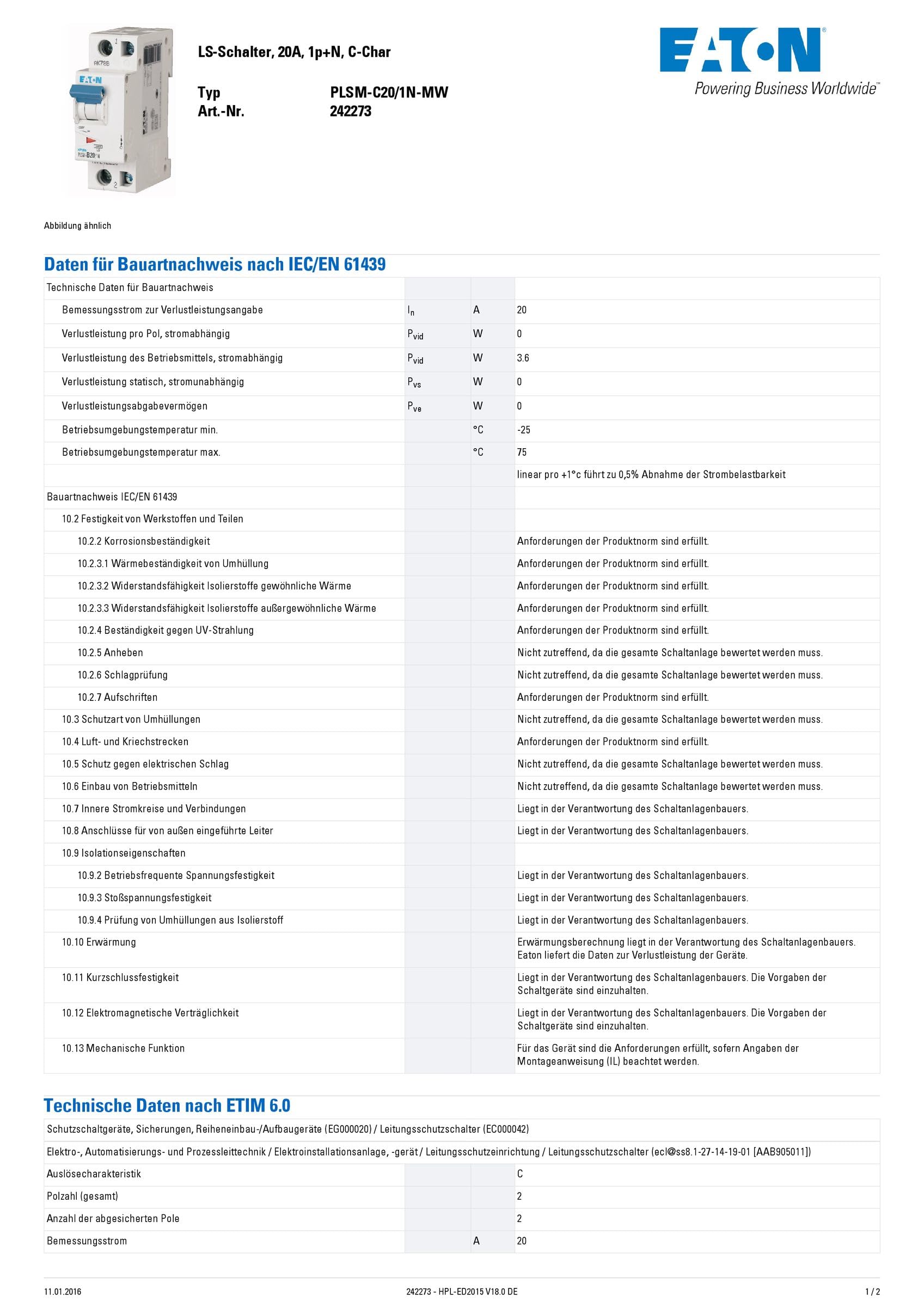 Eaton PLSM-C20/1N-MW Leitungsschutzschalter 20A 1P+N 1-polig+N C-Charakteristik LS-Schalter (242273 alt 244801)