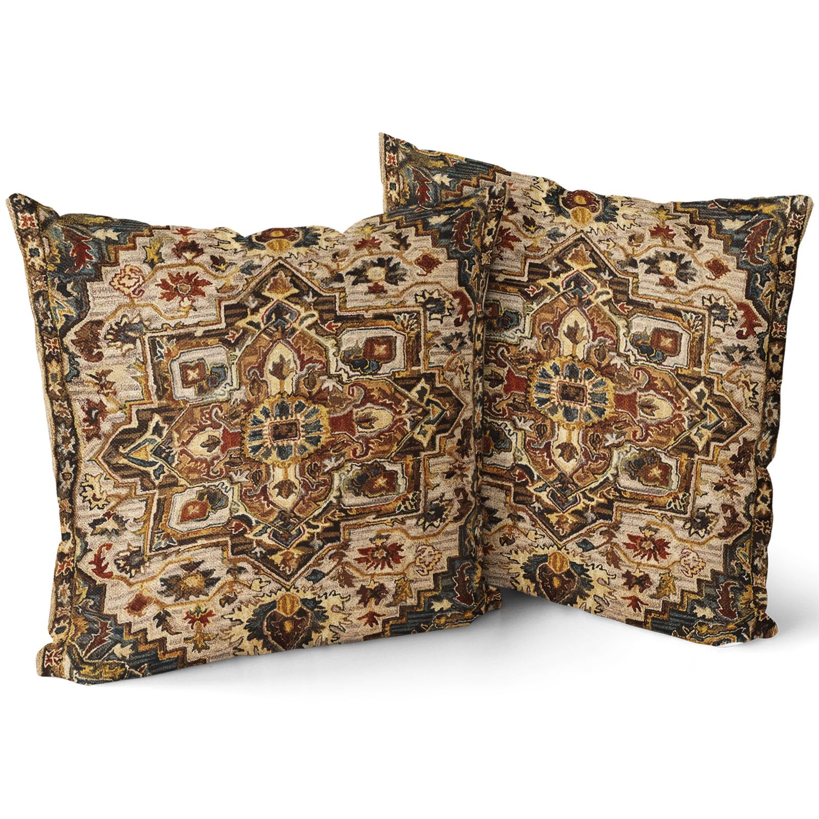Brown Gold Red Vintage Bohemian Pillow Covers 20x20 Inch Boho Flower Rug Print Carpet Pattern Pillow Cases Set of 2 Antique Tapestry Rustic Retro Farmhouse Throw Pillows For Cushion Sofa Couch Outdoor — image 1