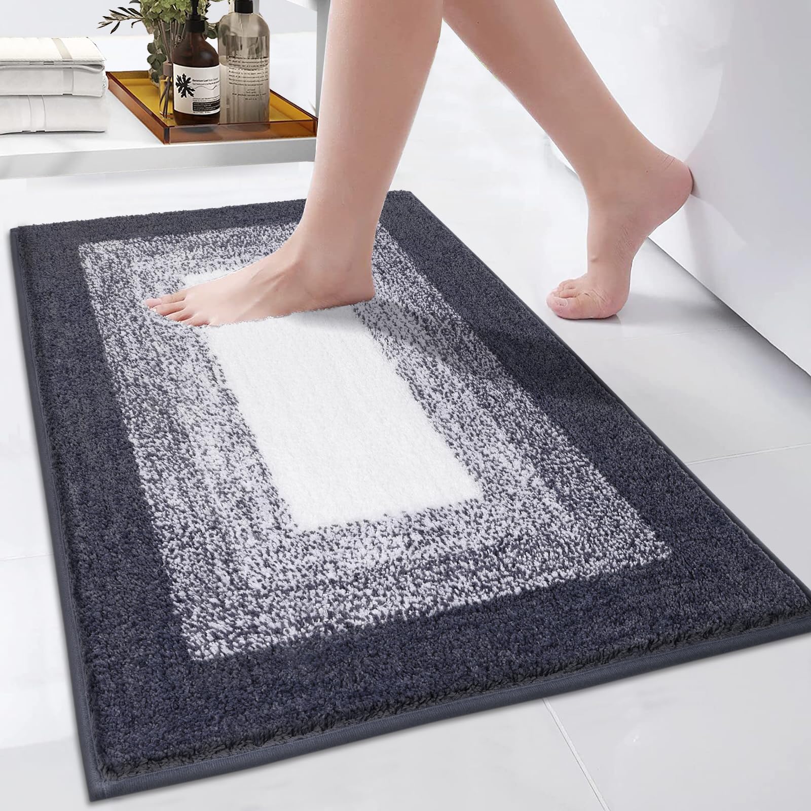 Enyhom Microfiber Bath Mat Non Slip, Extra Absorbent Soft Bathroom Floor Mat Quick Dry Machine Washable, Luxury Grey Shaggy Bath Rug for Bathtub, Shower Room (60x90cm)