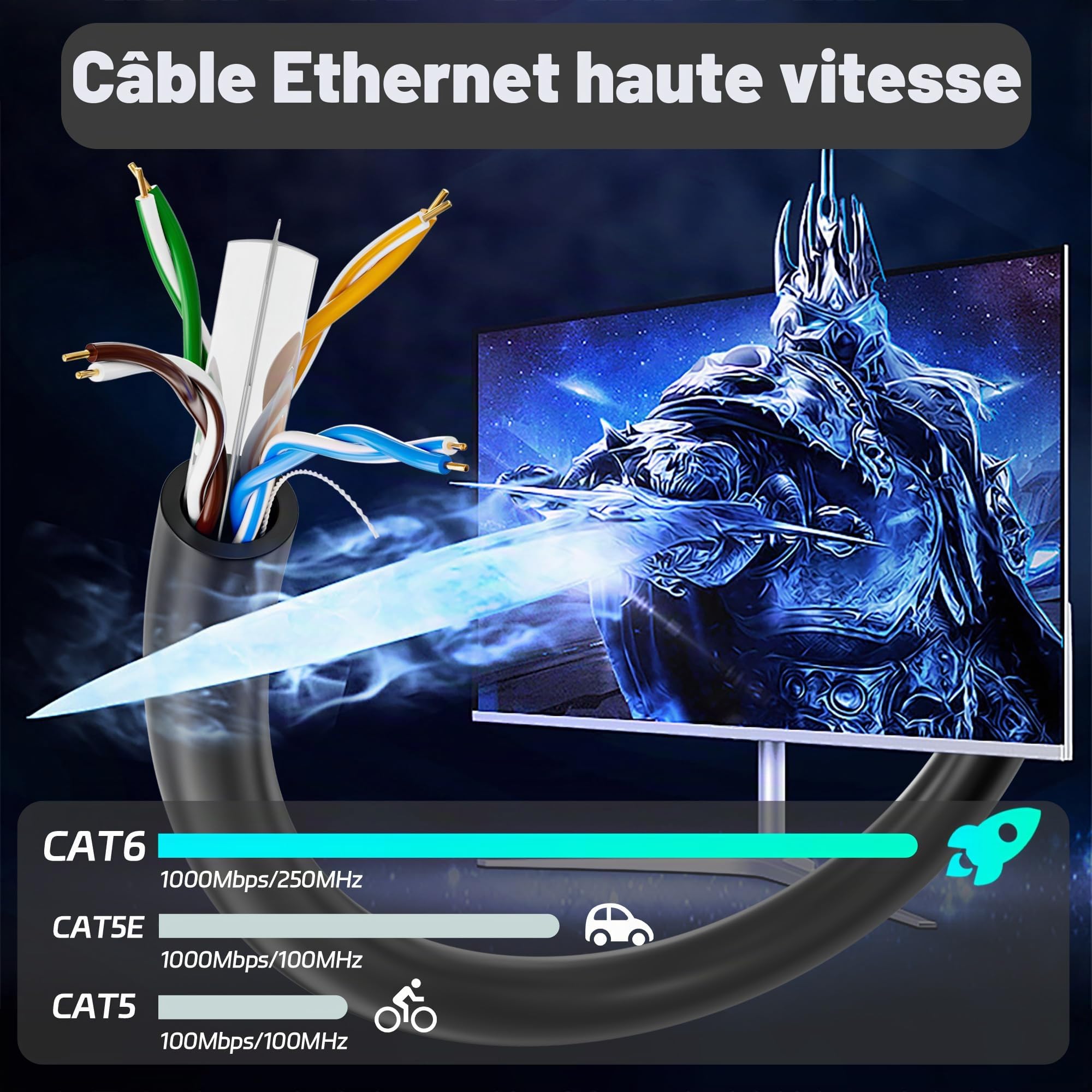 MEIPEK Cable Ethernet 100m, Long Cat 6 Câble Rj45 Gigabit Haute Vitesse | 250MHz 1000Mbps UTP Câble Réseau, 23AWG CCA Cable LAN Patch en Vrac Noir pour Routeur Switch