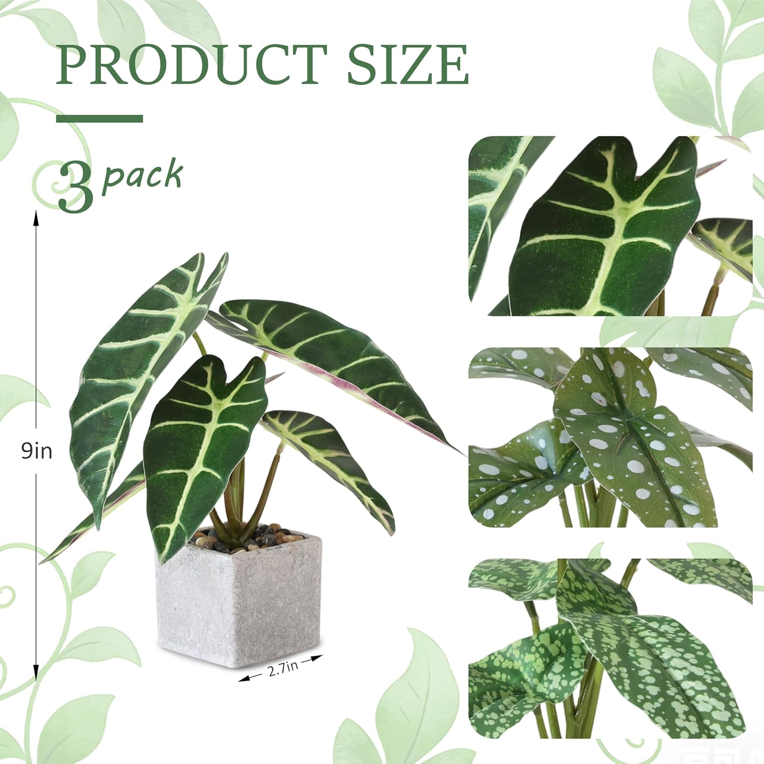 3pcs Small Fake Plants Artificial Begonia Leaves Faux Plants Indoor for Office Desk Shelf Bathroom Home Decor