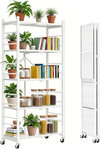 5-Shelf Foldable Storage Unit With Wheels – Heavy Duty Metal Shelving, No Assembly | For Garage, Kitchen, Laundry