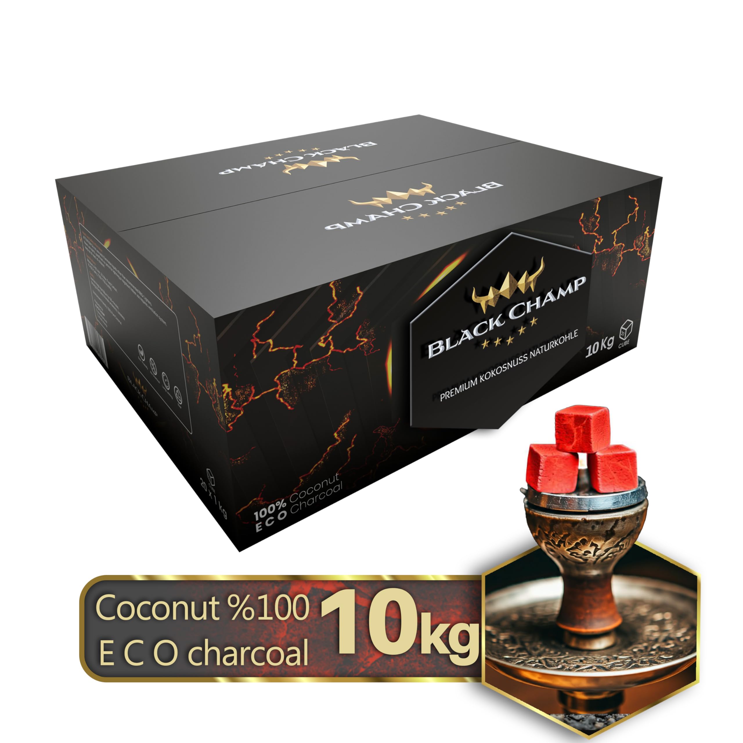 Shisha Kohle | 27 mm | 10 kg | Black Champ | Premium Naturkohle aus Kokosnussschalen| Für Shisha und Grill