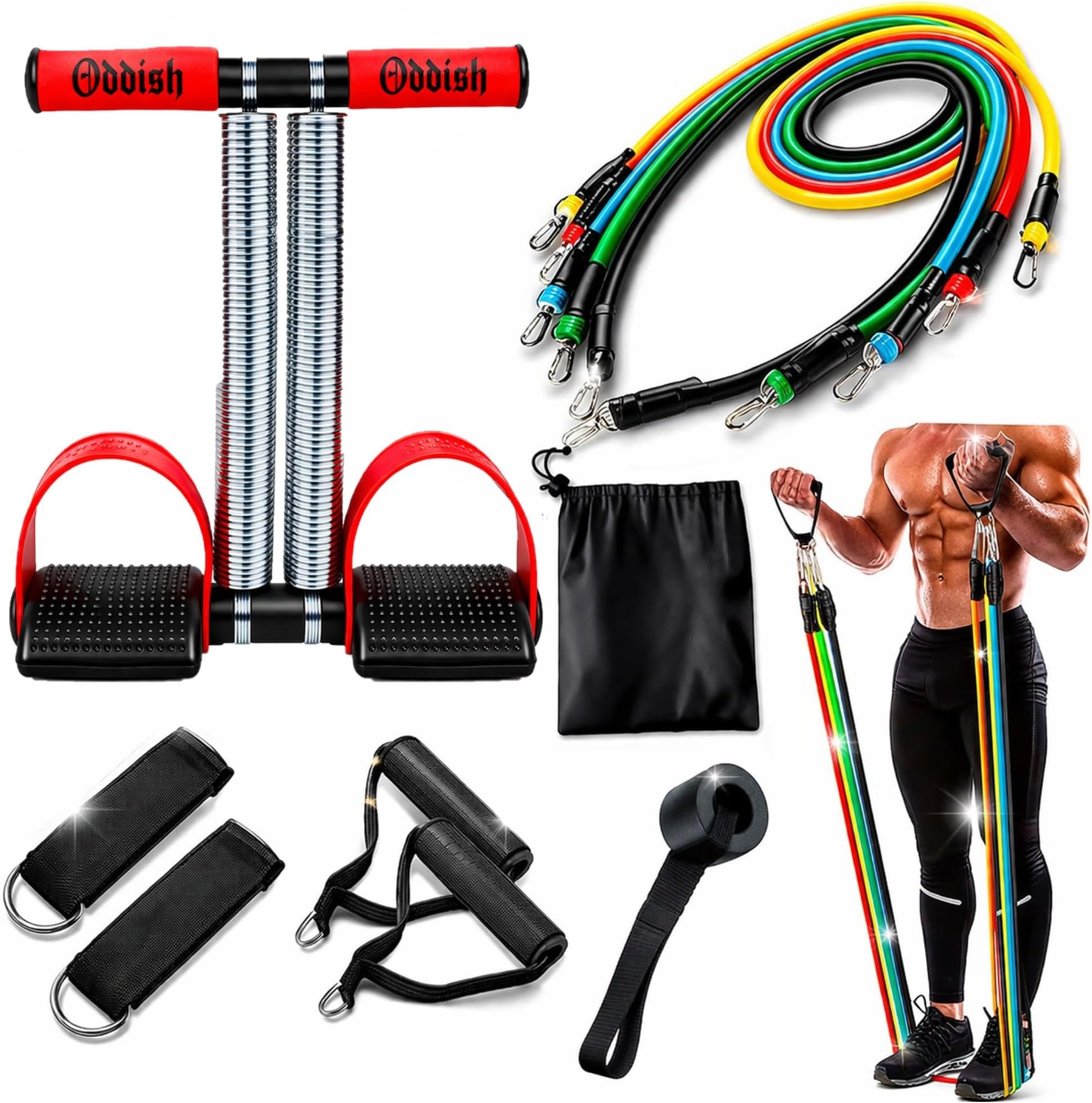 Oddish® Combo Pack: Tummy Trimmer with Large & Wide Double Spring + 11-in-1 Resistance Band Set | Abs Exerciser + Workout Bands for Home, Gym & Travel Fitness