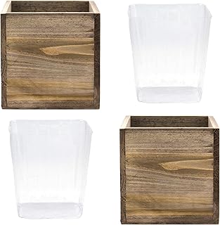 CYS EXCEL 2 PCS 6" Brown Cube Planter Box with Removable Plastic Liner | Multiple Choices Natural Brown Wood Square Planter | Indoor Decorative Window Box