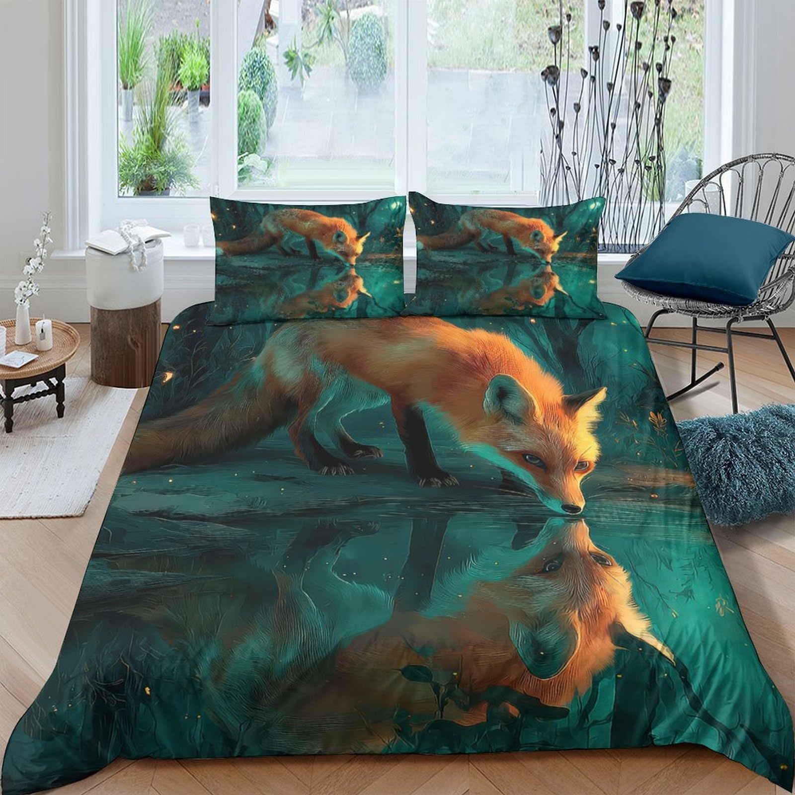 GPLZQXKJNH 3D Printed Fox Reflection Duvet Cover Microfiber Soft Breathable Forest Animal Bedding Set with 2 Pillowcases for Bedroom Decor Single（135x200cm）